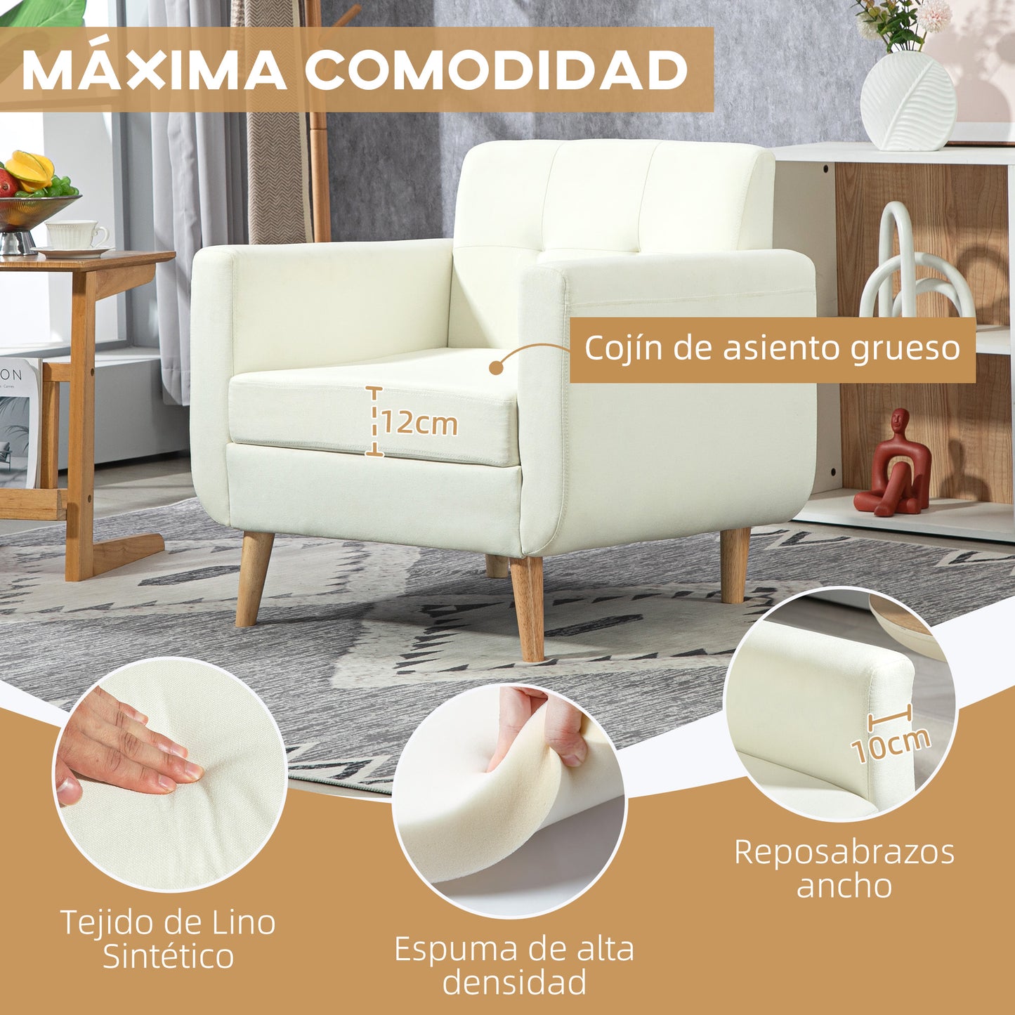 HOMCOM Sillón de Salón Moderno Butaca para Dormitorio con Reposabrazos y Patas de Madera Sofá Individual Carga 125 kg para Oficina Sala de Estar Crema