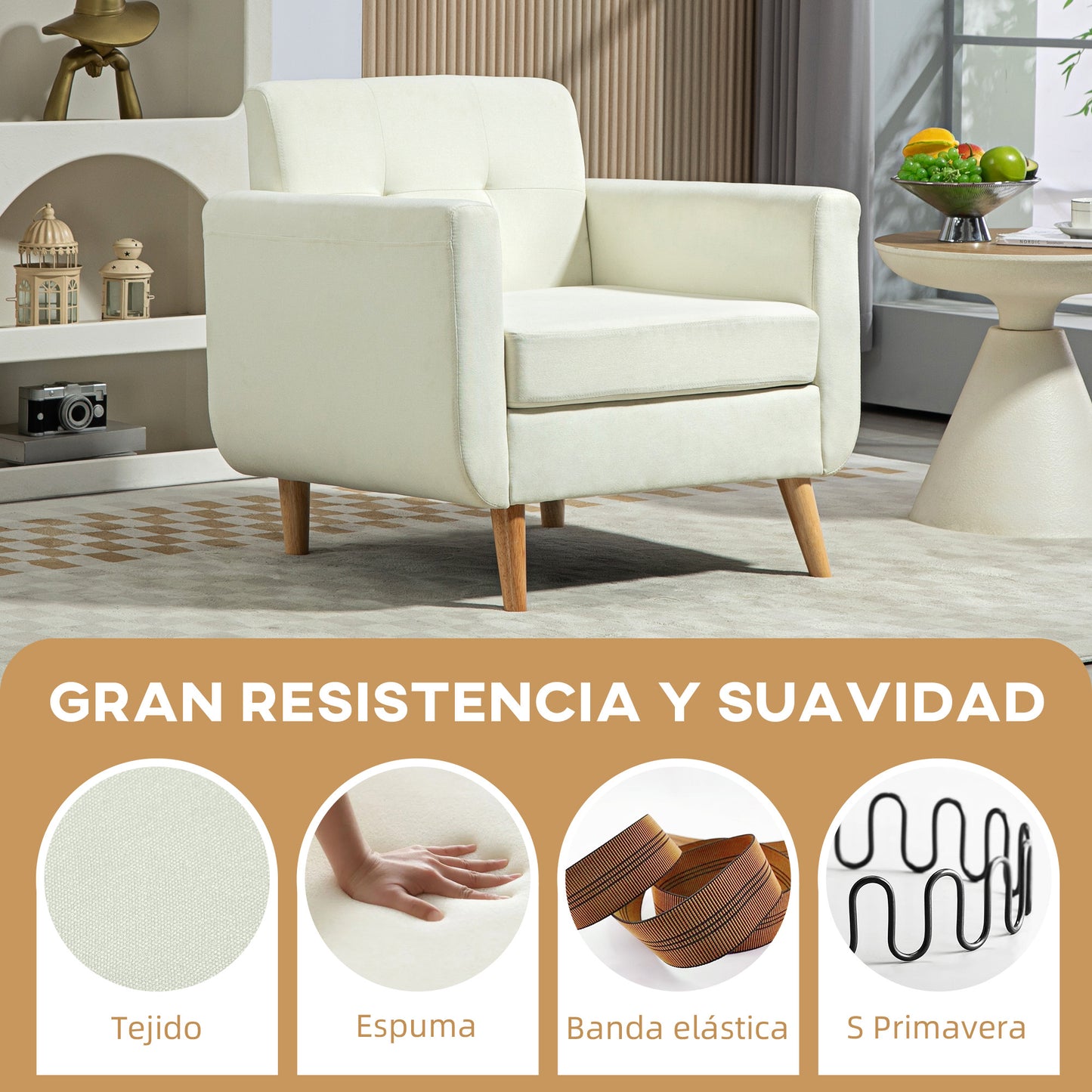 HOMCOM Sillón de Salón Moderno Butaca para Dormitorio con Reposabrazos y Patas de Madera Sofá Individual Carga 125 kg para Oficina Sala de Estar Crema