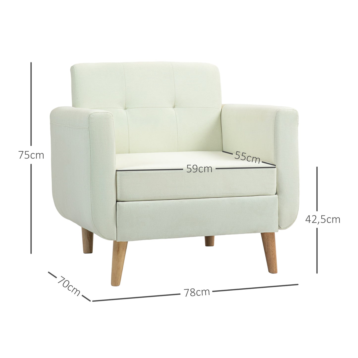 HOMCOM Sillón de Salón Moderno Butaca para Dormitorio con Reposabrazos y Patas de Madera Sofá Individual Carga 125 kg para Oficina Sala de Estar Crema