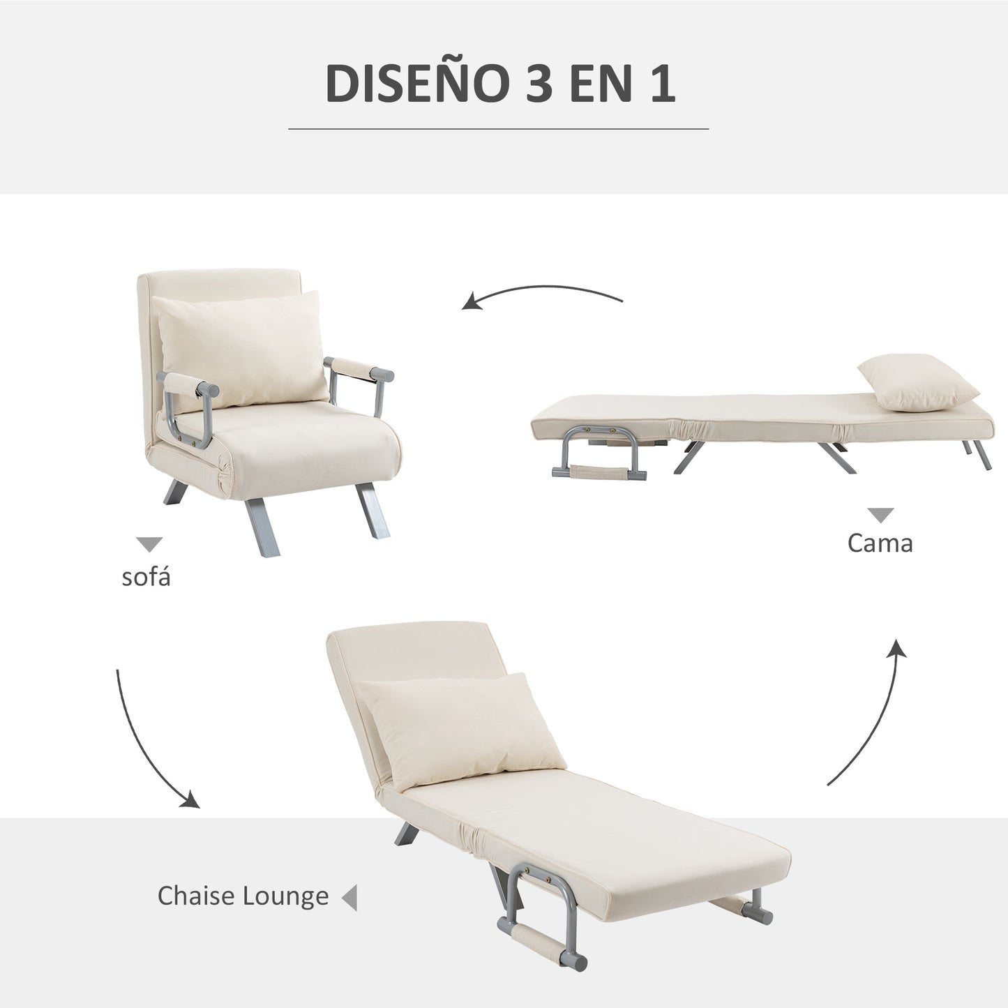 HOMCOM Sofá Cama Individual Sillón Cama Individual Sillón Reclinable con Almohada para Salón Dormitorio Oficina Carga 100 kg 65x69x80 cm Crema