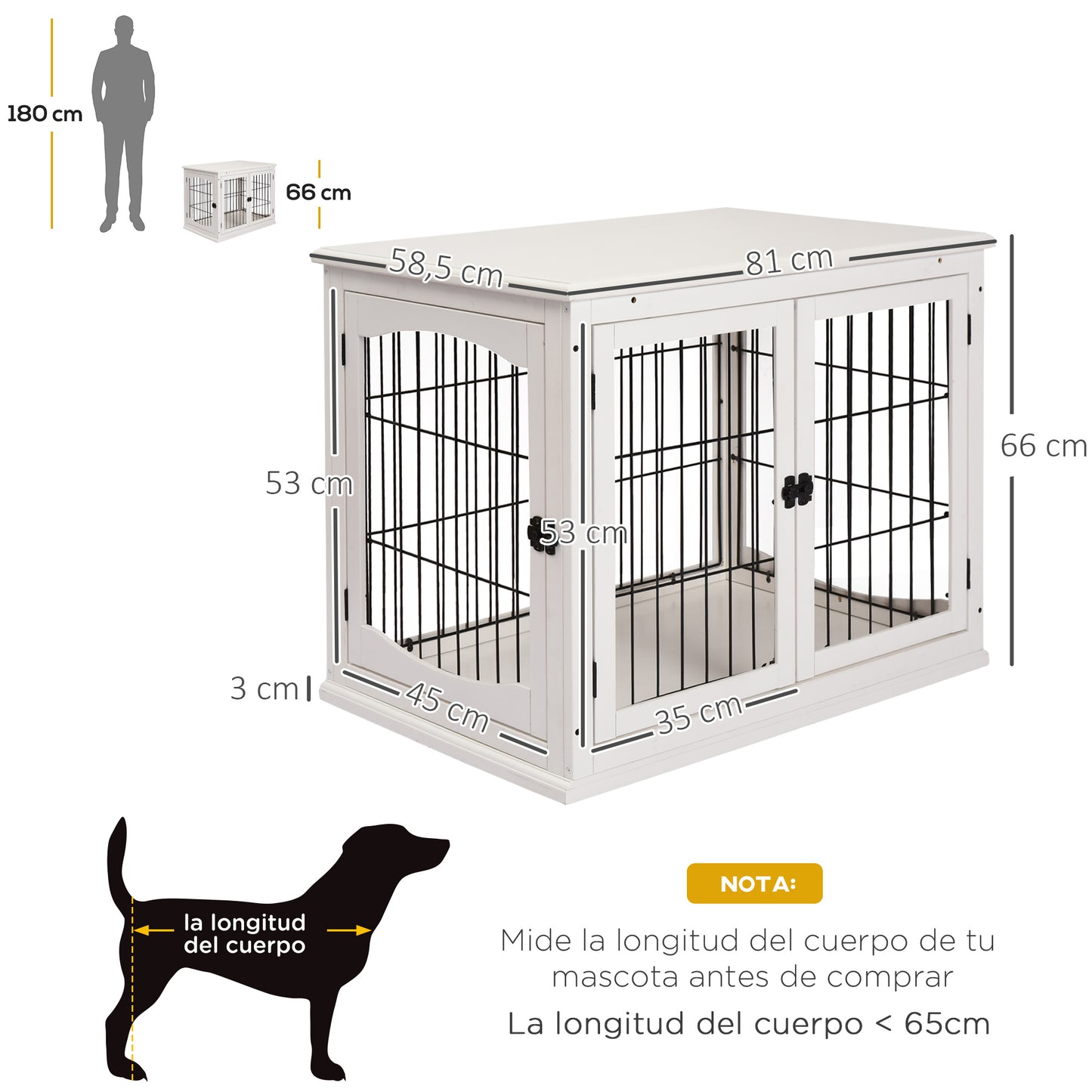 PawHut Jaula para Perros de Madera con Superficie de Mesa 2 Puertas y Rejillas de Metal 81x58,5x66 cm Blanco