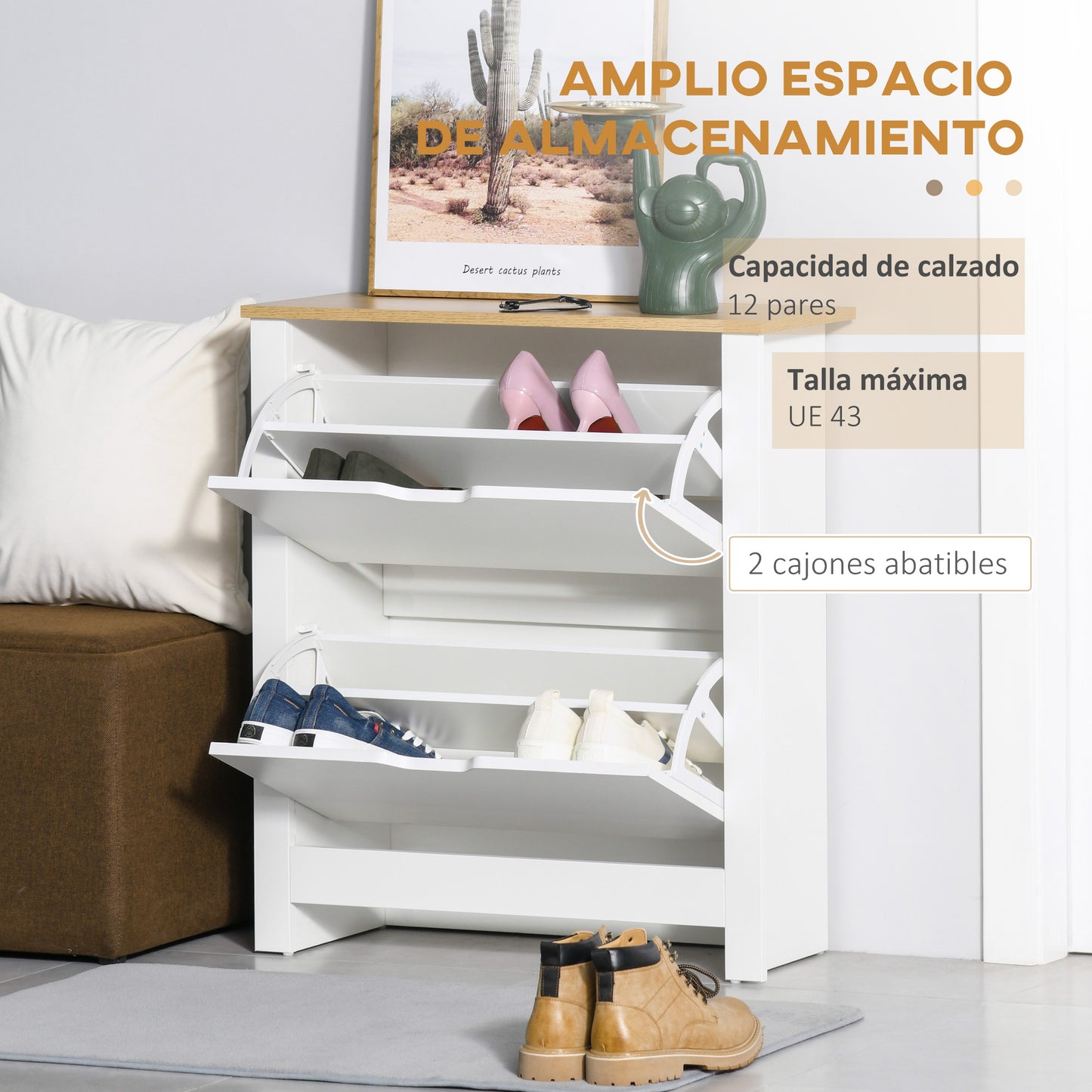 HOMCOM Zapatero Moderno Zapatero de Entrada Recibidor con Cajones Abatibles y Estantes Ajustables para 12 Pares de Zapatos Zapatero Estrecho para Pasillo 72x26x80 cm Blanco