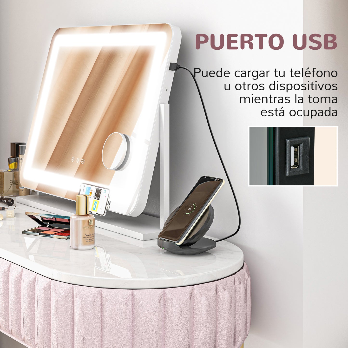 HOMCOM Espejo Maquillaje con Luz Espejo Tocador Giratorio 58x46 cm con 3 Modos de Iluminación Ajustables Interruptor Táctil Espejo de Aumento y Puerto USB Blanco