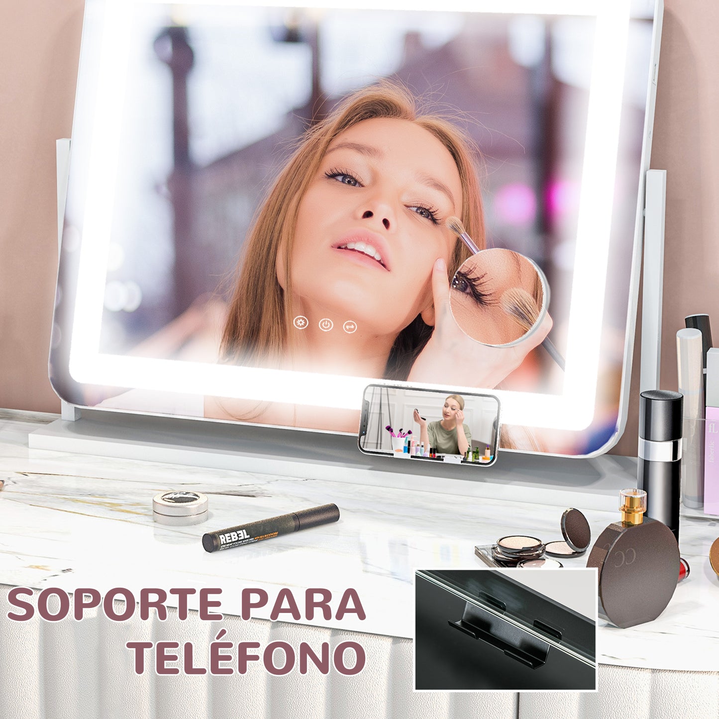 HOMCOM Espejo Maquillaje con Luz Espejo Tocador Giratorio 58x46 cm con 3 Modos de Iluminación Ajustables Interruptor Táctil Espejo de Aumento y Puerto USB Blanco