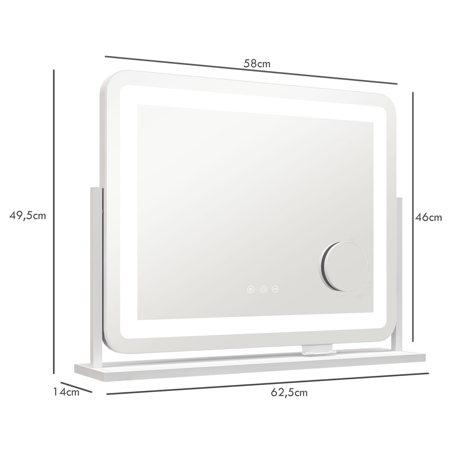 HOMCOM Espejo Maquillaje con Luz Espejo Tocador Giratorio 58x46 cm con 3 Modos de Iluminación Ajustables Interruptor Táctil Espejo de Aumento y Puerto USB Blanco