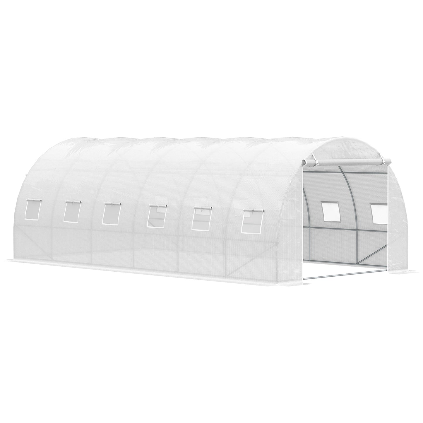 Outsunny Invernadero de Túnel 6x3x2 m Invernadero de Jardín con Puerta Enrollable 12 Ventanas Cubierta de PE 140 g/m² y Metal Galvanizado para Cultivos Plantas Verduras Blanco