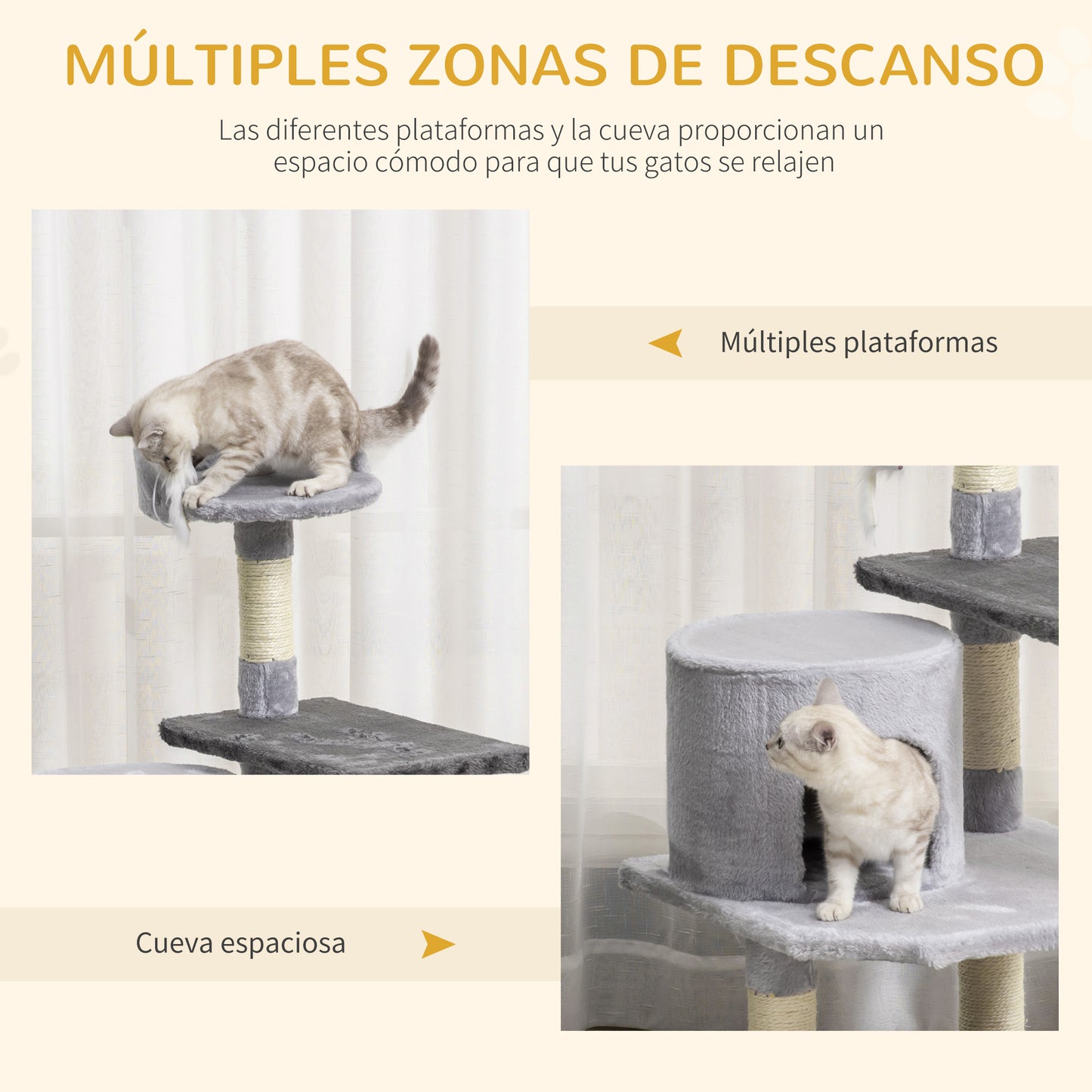 PawHut Árbol para Gatos Rascador Grande 48x48x100 cm Torre para Gatos con Plataformas Casetas Ratón de Juego Postes para Rascar y Cubierto de Felpa Gris