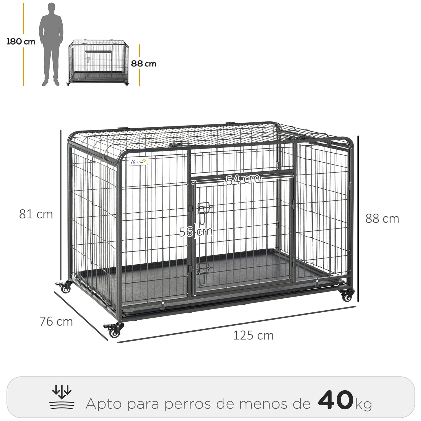 PawHut Jaula de Metal para Perros Plegable con Ruedas y Frenos Bandeja Extraíble y Puerta con Pestillos para Golden Retriver Labrador 125x76x81 cm Gris Oscuro