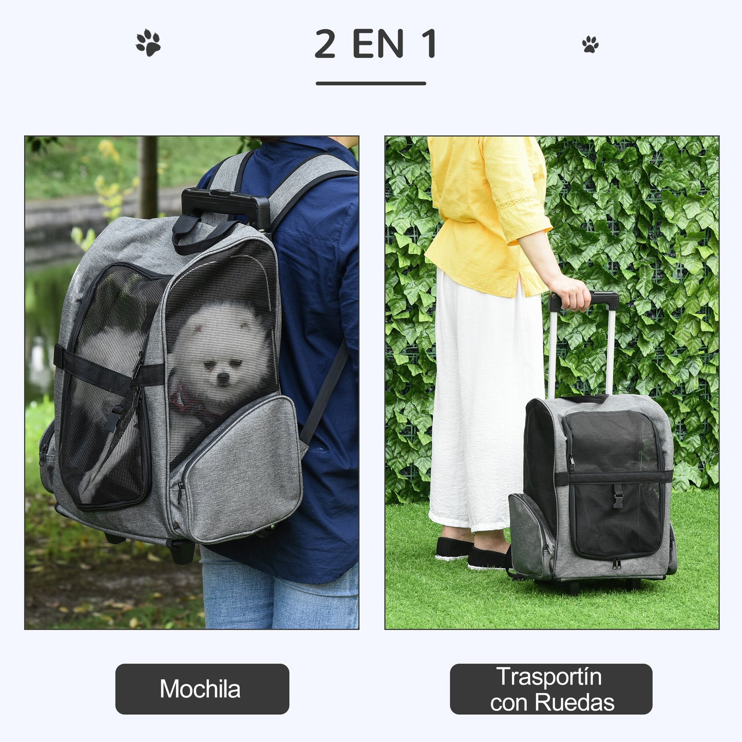 PawHut Transportín Carrito para Mascotas 2 en 1 Mochila de Viaje con 2 Ruedas para Perros Gatos con Asa Retráctil de Aluminio y Bolsillos de Almacenaje 42x25x55 cm Gris