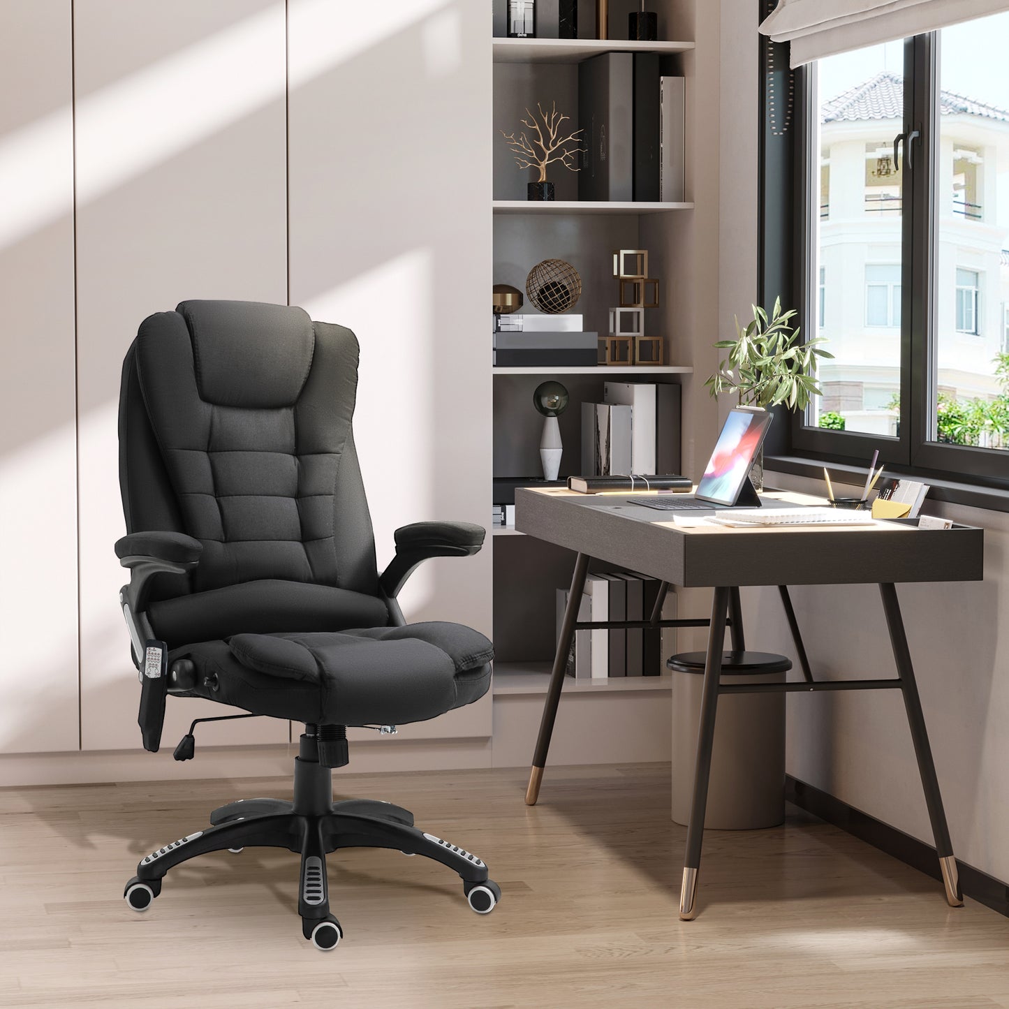 Vinsetto Silla de Masaje con 6 Puntos de Masaje Silla de Escritorio Reclinable hasta 130° con Función de Calefacción Altura Ajustable y Ruedas para Estudio 68x72x110-120 cm Negro