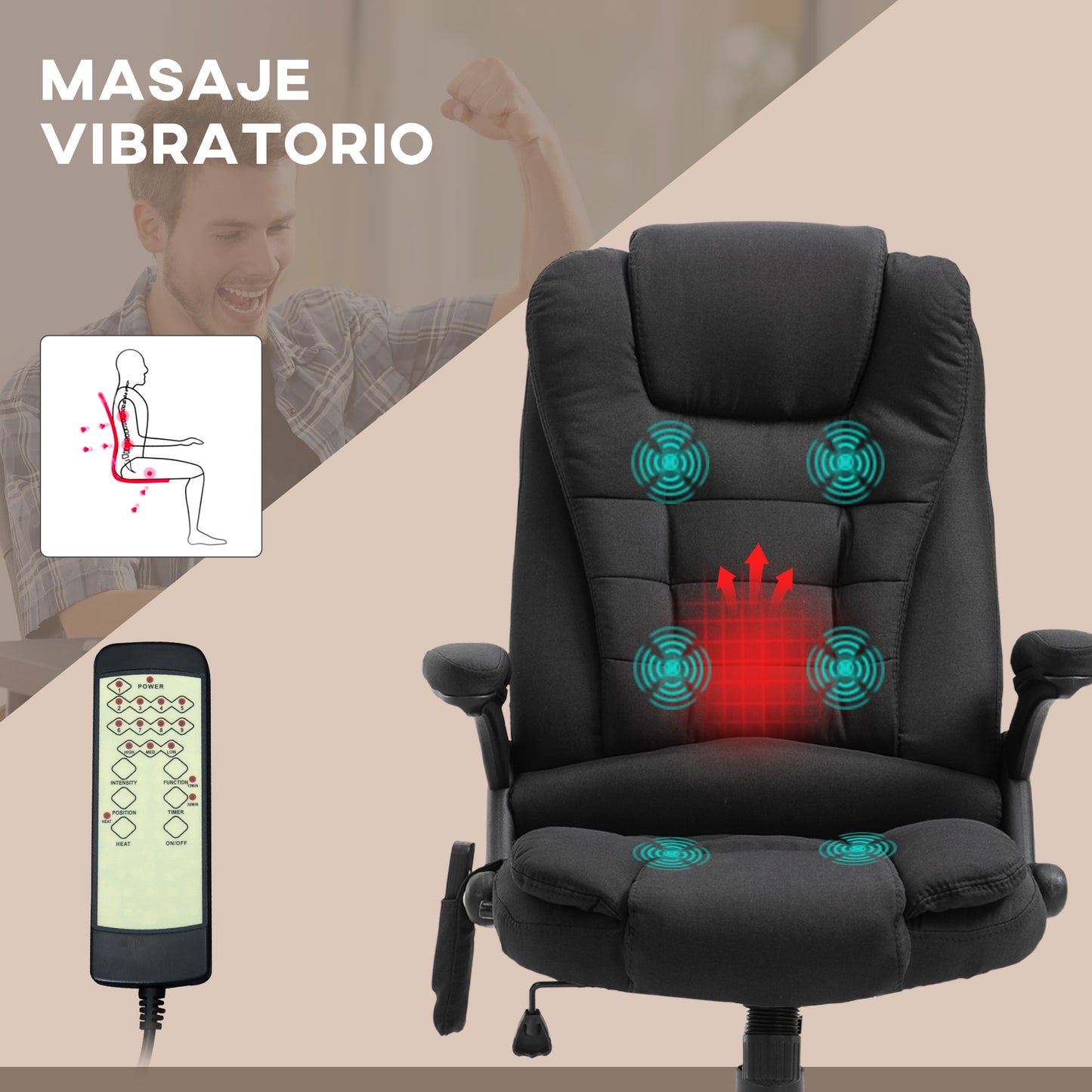 Vinsetto Silla de Masaje con 6 Puntos de Masaje Silla de Oficina Giratoria Silla de Escritorio Reclinable con Función de Calefacción Altura Ajustable Control Remoto y Reposacabezas Negro