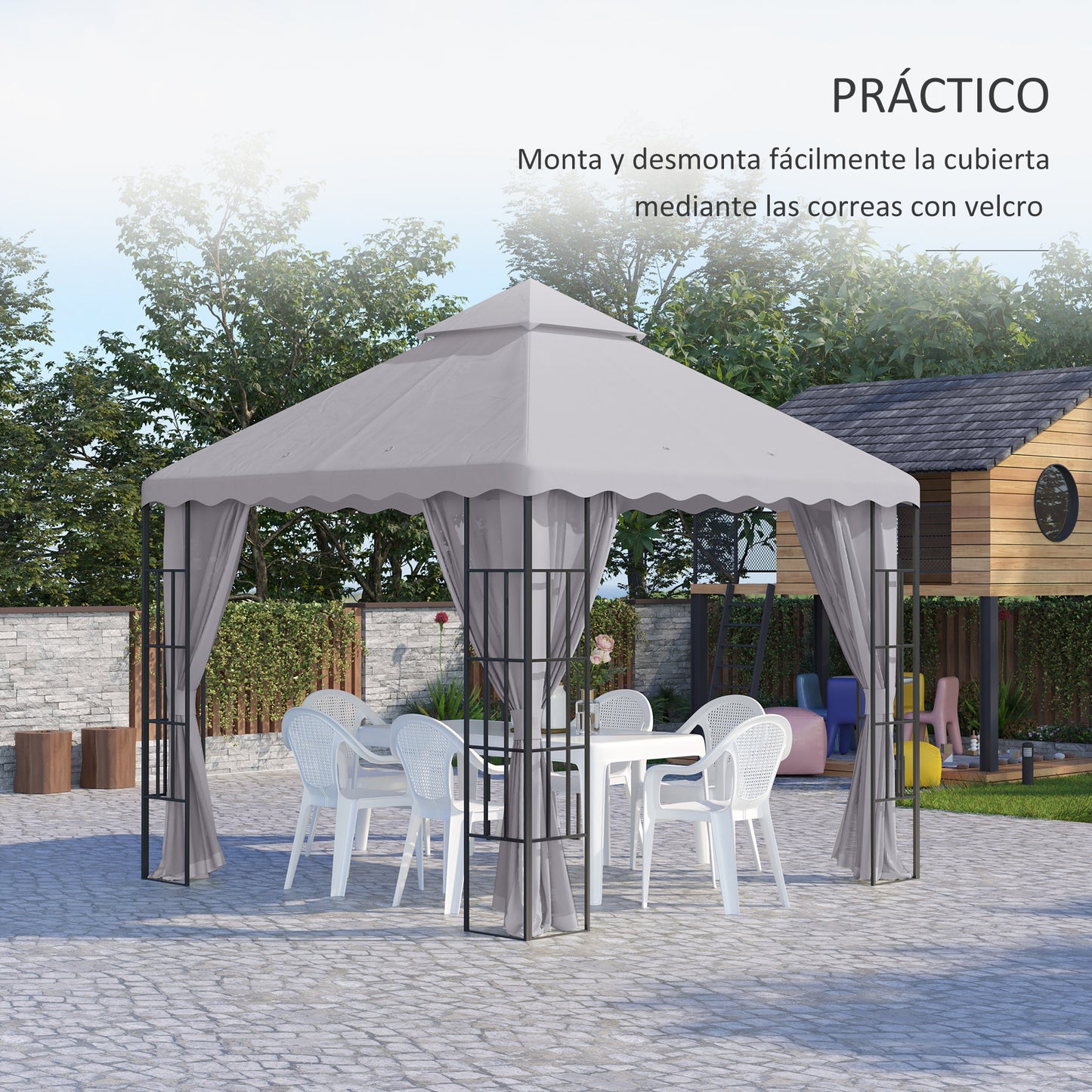 Outsunny Techo de Repuesto para Cenador 3x3 m Cubierta de Repuesto con Techo Doble y 10 Orificios de Drenaje Tela Poliéster para Carpa Pabellón Gazebo Gris Claro