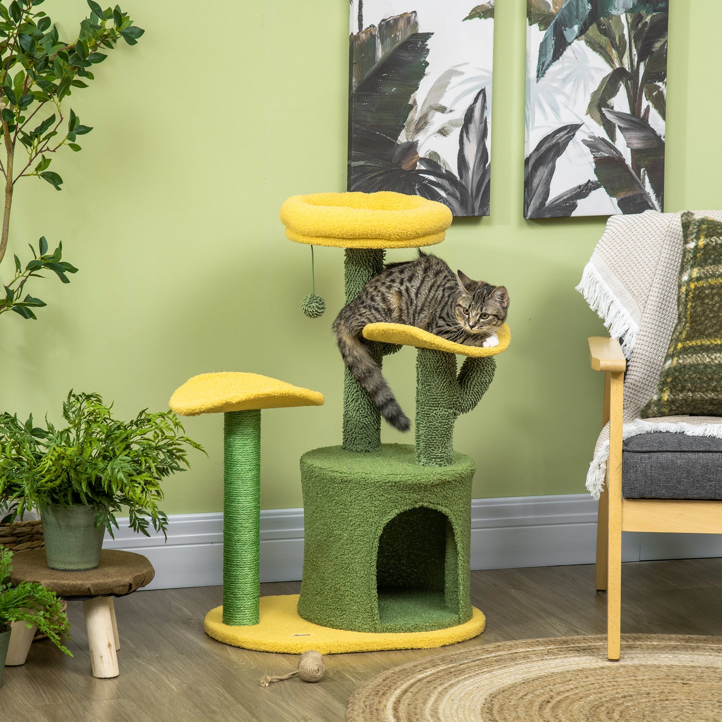 PawHut Árbol Rascador para Gatos en Forma de Cactus Altura 83 cm Torre para Gatos con Cama Caseta de Felpa Plataformas Postes de Sisal y Bola Colgante 54x39x83 cm Amarillo y Verde