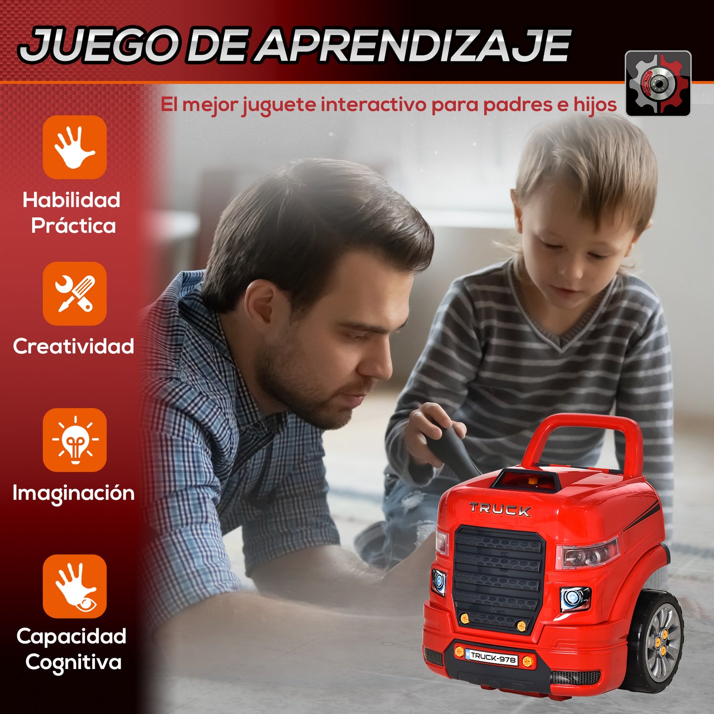 HOMCOM Motor de Camión para Niños de +3 Años Conjunto de Motor de Juguete con 61 Piezas Volante Bocina Faros Caja de Almacenaje y Ruedas 40x39x47 cm Rojo