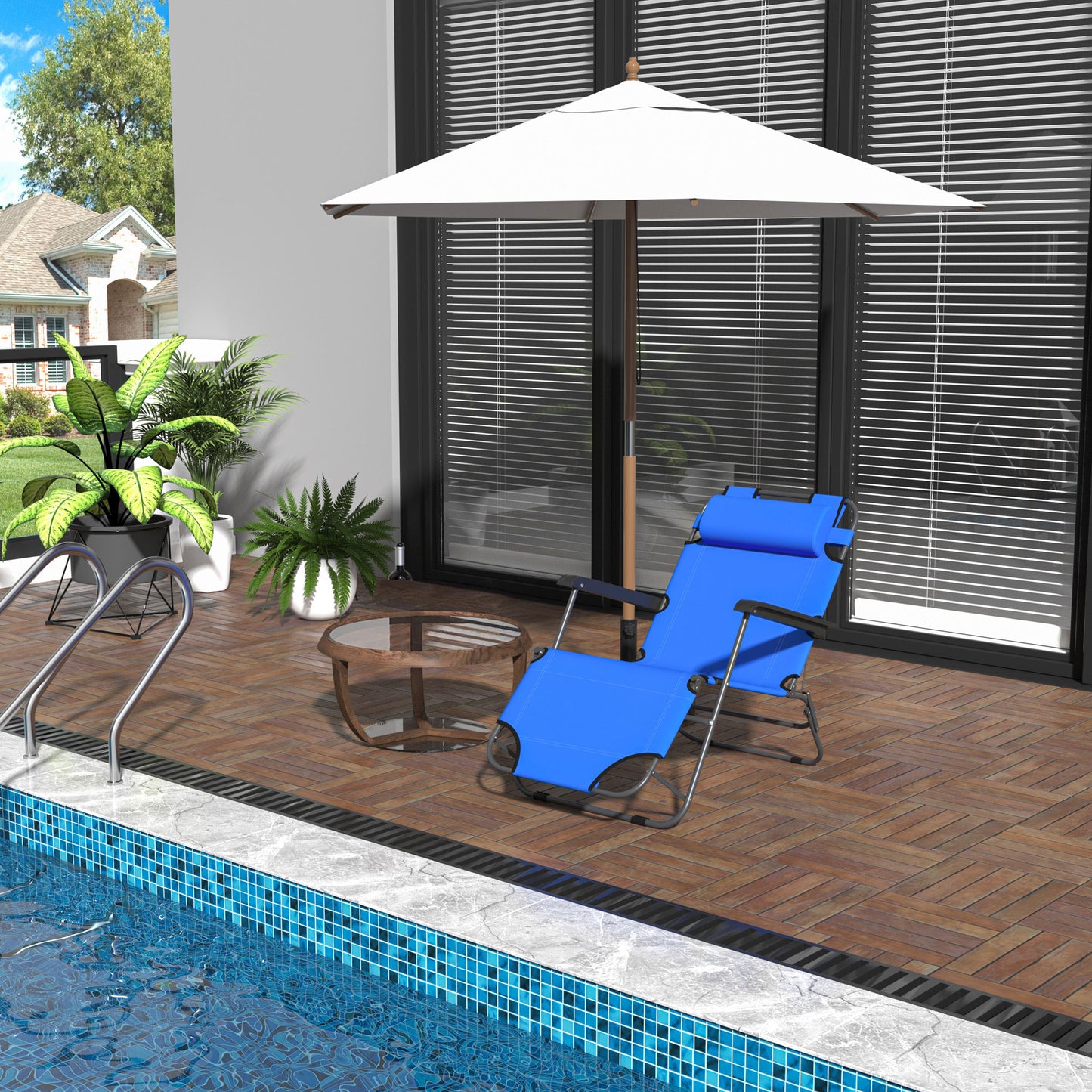 Outsunny Tumbona Reclinable y Plegable Tumbona de Jardín con Respaldo Ajustable en 2 Niveles Reposacabezas y Bolsillo Silla Tumbona para Terraza Carga 136 kg 118x60x80 cm Azul