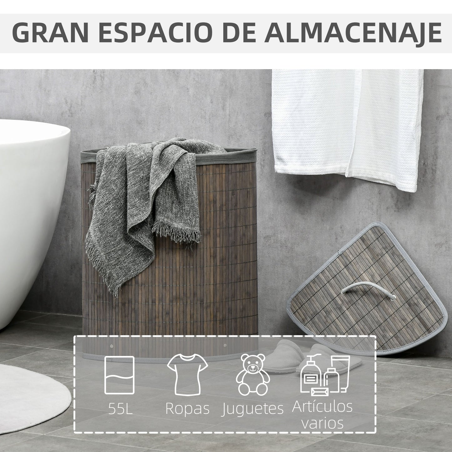 HOMCOM Cesto para Ropa Sucia de Bambú Capacidad de 55L Cesta para la Colada en Forma de Abanico con Tapa y Bolsa Extraíble 38x38x57 cm Gris