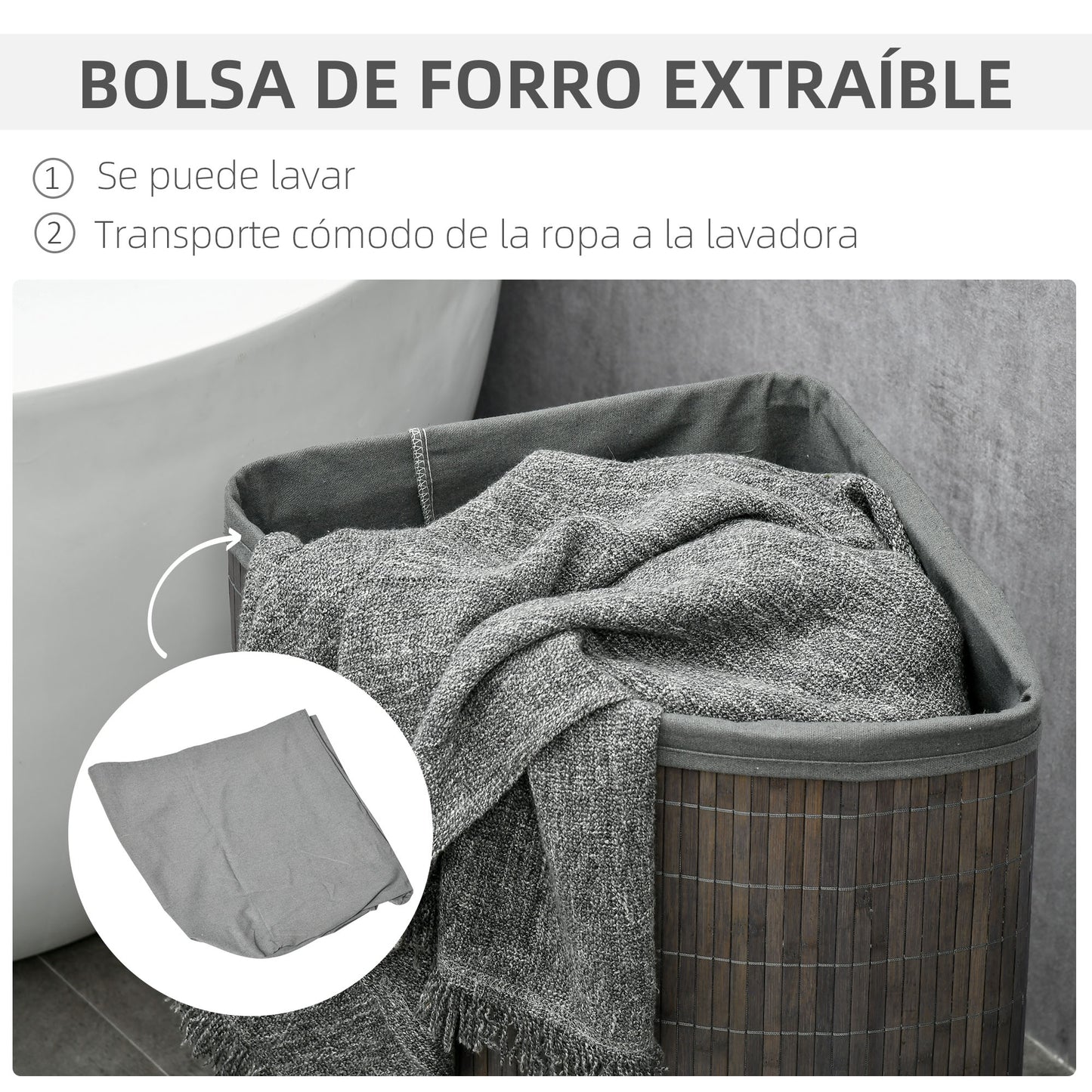 HOMCOM Cesto para Ropa Sucia de Bambú Capacidad de 55L Cesta para la Colada en Forma de Abanico con Tapa y Bolsa Extraíble 38x38x57 cm Gris