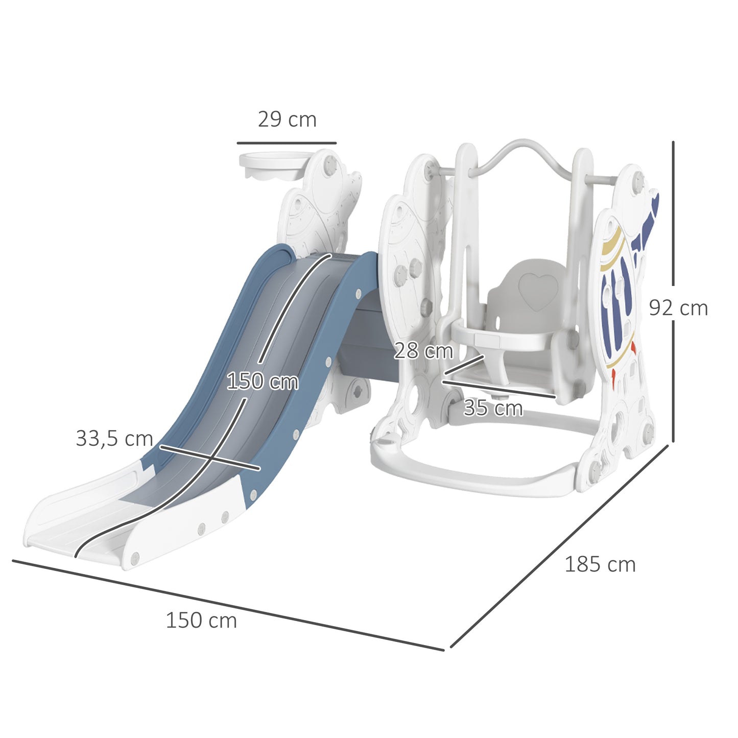 AIYAPLAY Juego de Tobogán y Columpio para Niños 3 en 1 Columpio para Niños de 18-48 Meses Tobogán para Bebés con Aro de Baloncesto Carga 30 kg 150x185x92 cm Blanco y Azul