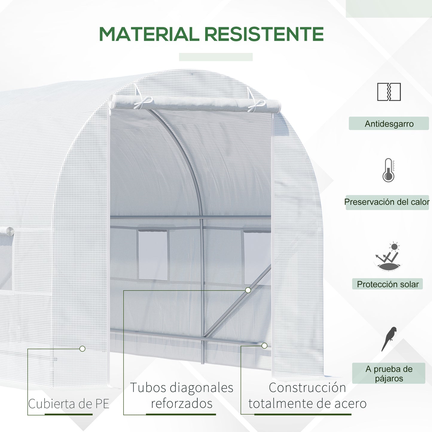 Outsunny Invernadero de Túnel 445x200x200 cm Invernadero de Jardín con Puerta Enrollable y Ventanas Múltiples Cubierta PE 140 g/m² Anti-UV Marco de Metal para Cultivo Plantas Verduras Blanco