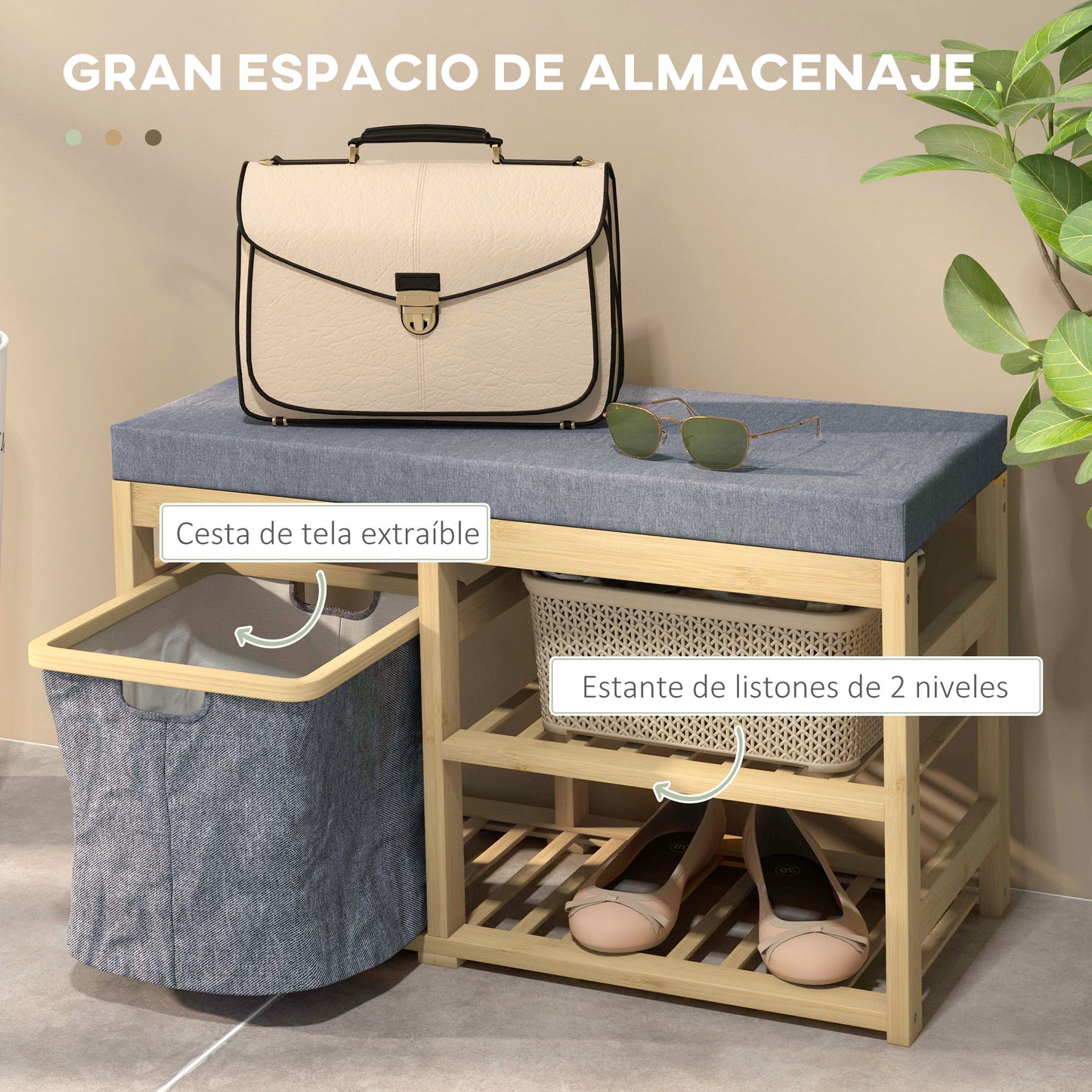 HOMCOM Banco Zapatero de Bambú Mueble Zapatero con Asiento Cesta Extraíble y Estantes Abiertos para 4 Pares de Zapatos Banco Zapatero para Entrada Recibidor Pasillo 69x30x45 cm Natural