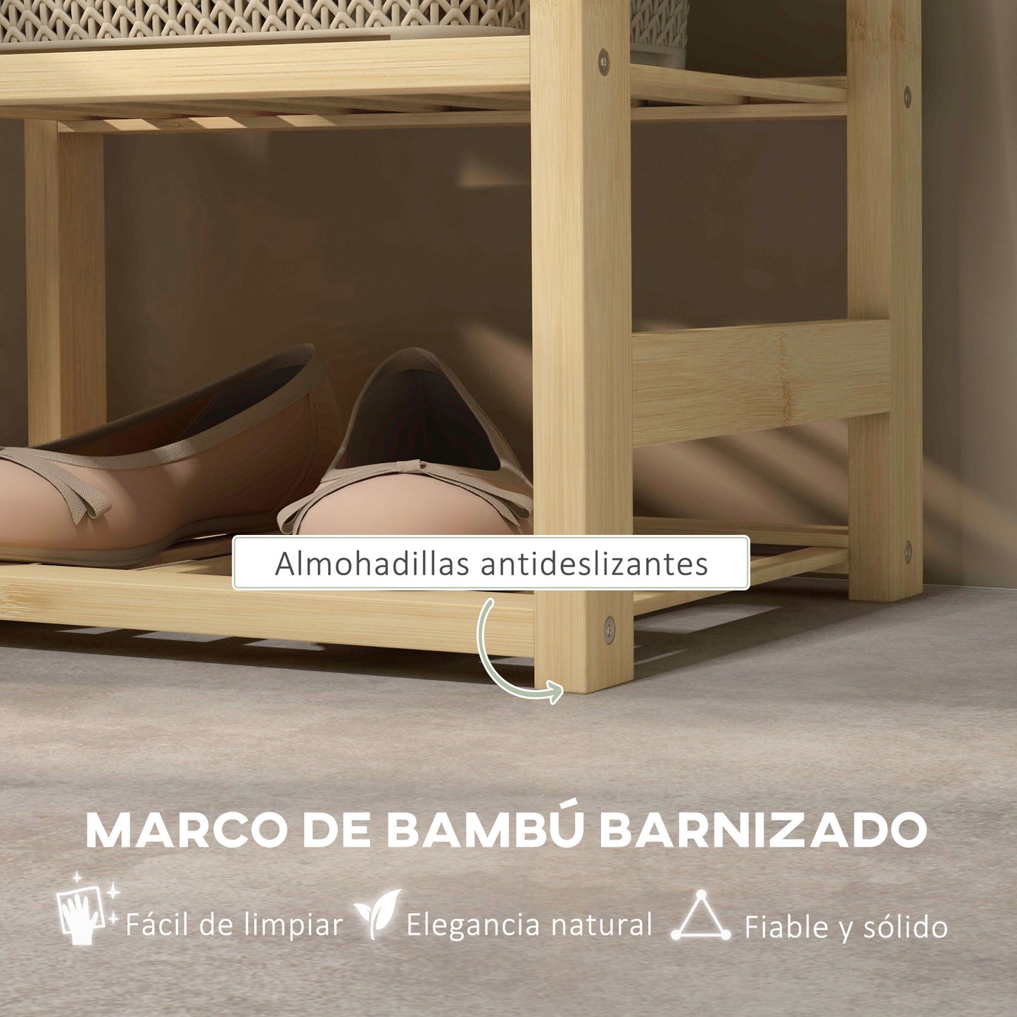 HOMCOM Banco Zapatero de Bambú Mueble Zapatero con Asiento Cesta Extraíble y Estantes Abiertos para 4 Pares de Zapatos Banco Zapatero para Entrada Recibidor Pasillo 69x30x45 cm Natural