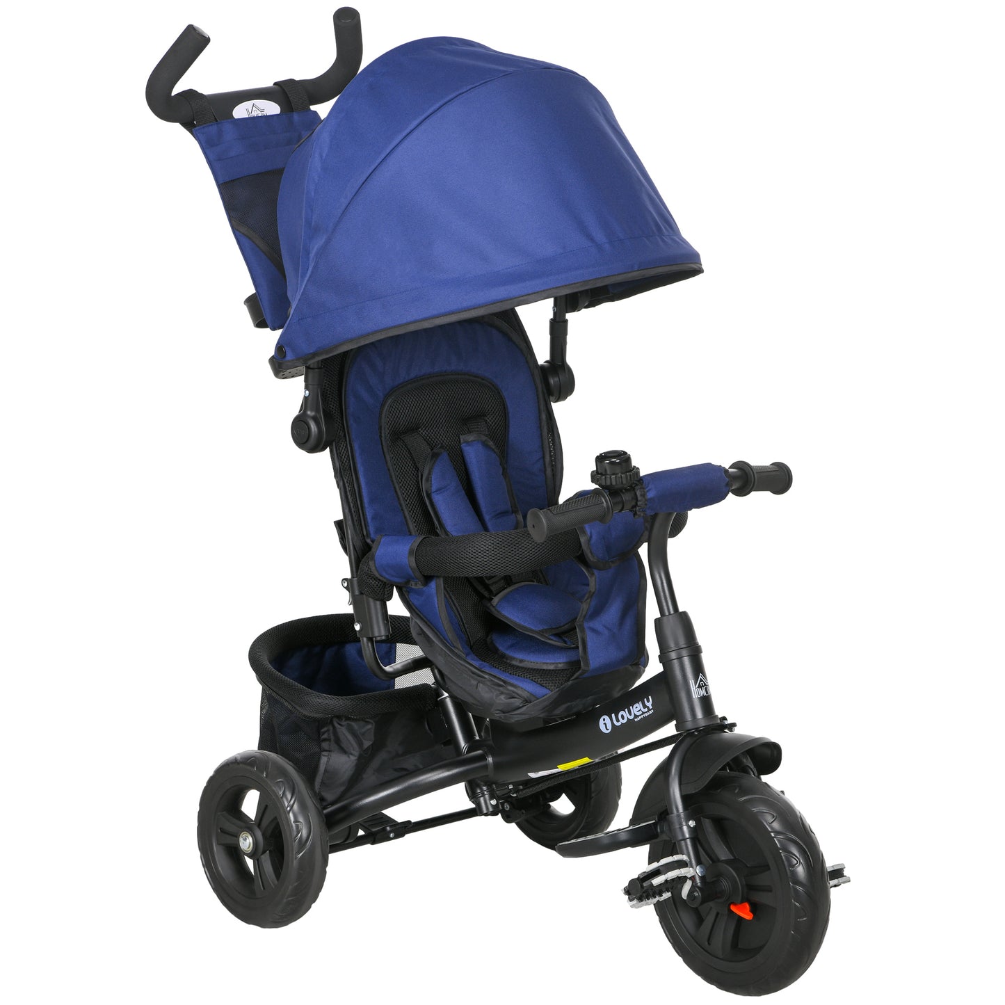 HOMCOM Triciclo para Bebés Triciclo Evolutivo para Niños con Toldo Plegable Mango de Empuje Telescópico y Desmontable Bolso para Mamá y Portabotellas 102x49x102 cm Azul Oscuro