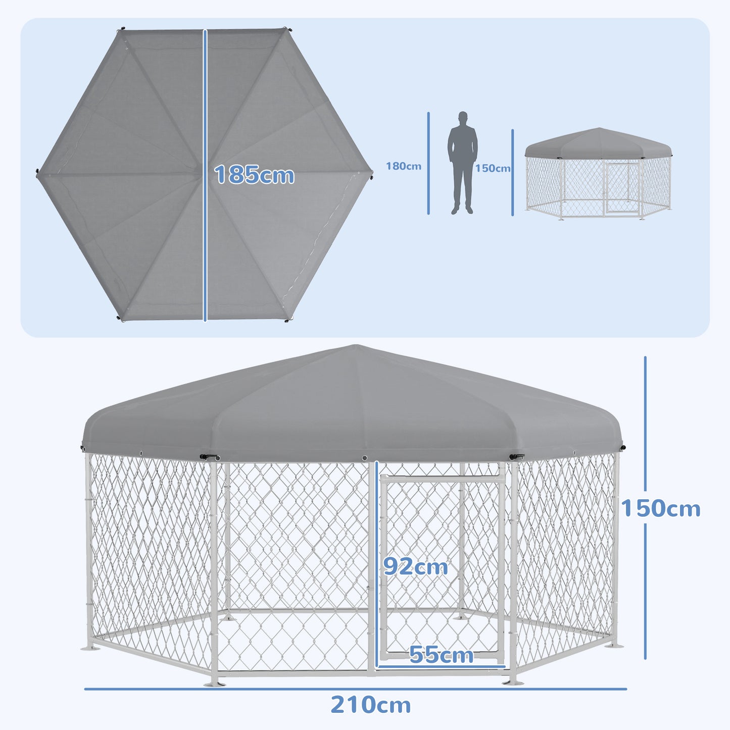 PawHut Perrera de Exterior Hexagonal Jaula para Perros con Puerta Marco de Acero Galvanizado y Toldo Impermeable y Anti-UV 210x185x150 cm Plata