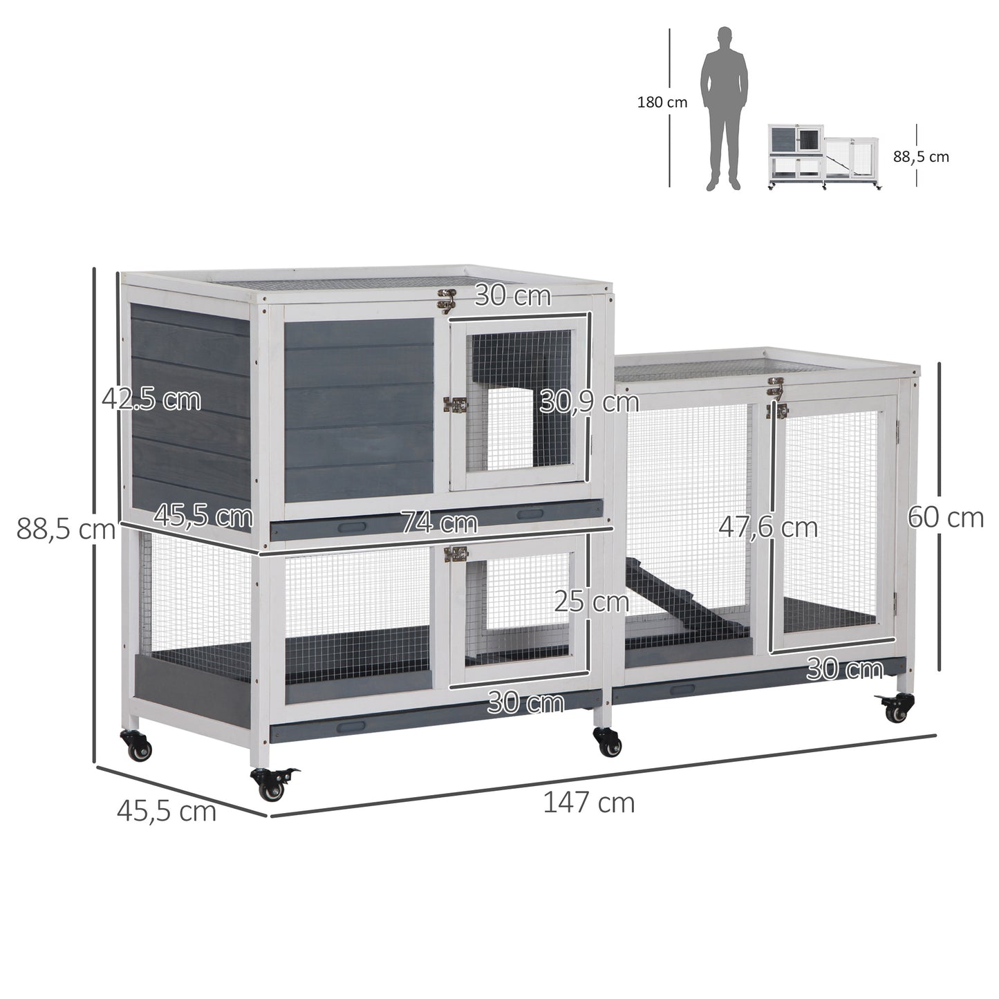 PawHut Conejera de Madera con Ruedas 147x45,5x88,5 cm Jaula para Conejos de 2 Niveles con Techo Abrible 2 Corrales de Metal 3 Bandejas Extraíbles 3 Puertas con Pestillo y Rampa Gris