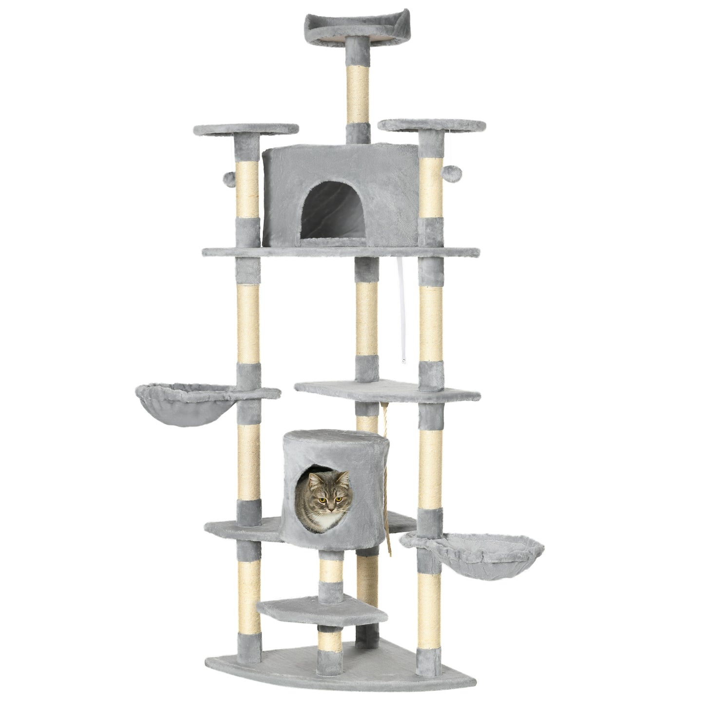 PawHut Árbol Rascador para Gatos Altura 200 cm Torre para Gatos con 2 Cuevas 2 Hamacas Cama Múltiples Plataformas Postes de Sisal y Bolas de Juguete 60x60x200 cm Gris