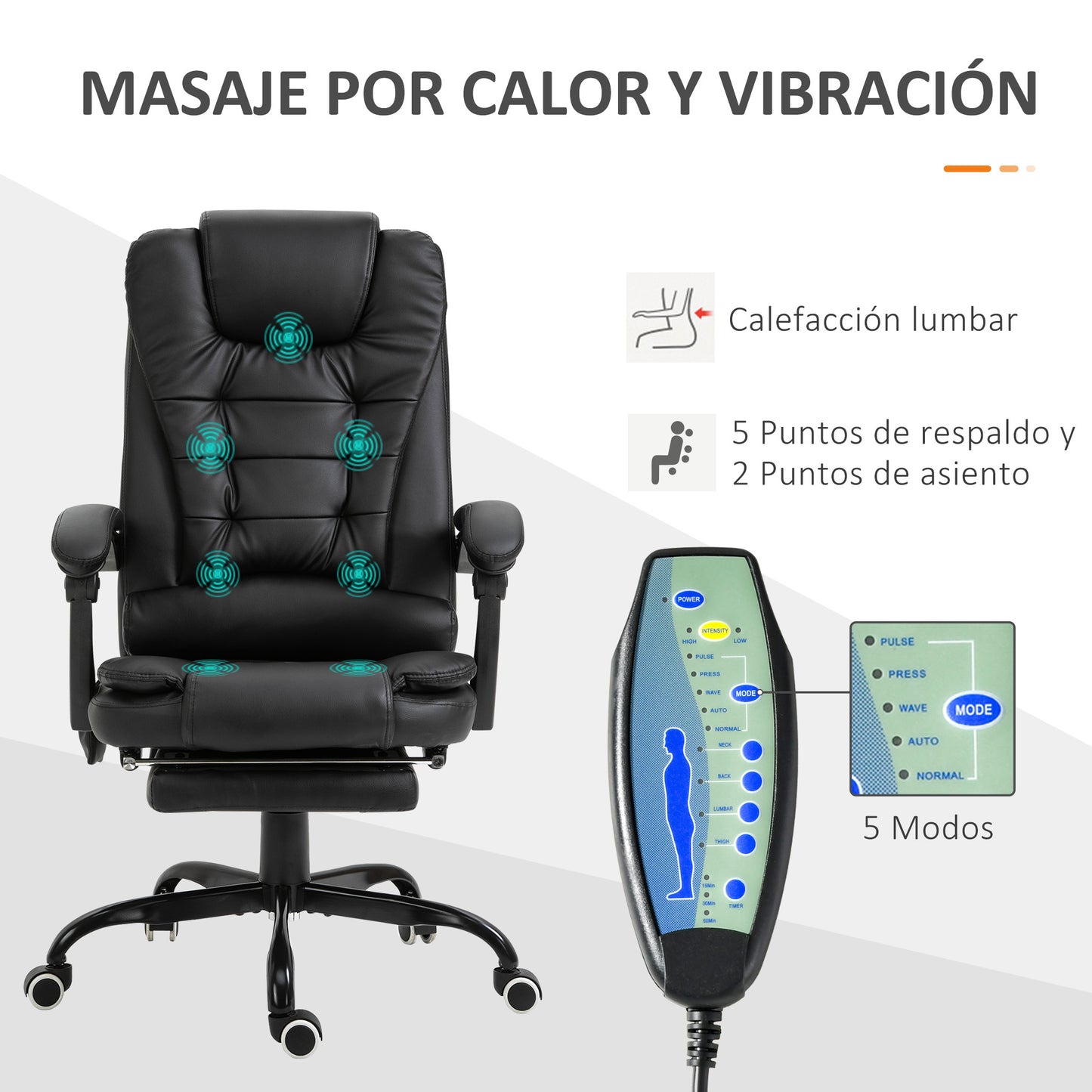 Vinsetto Silla de Oficina con 7 Puntos de Masaje Silla de Masaje Giratoria Silla de Escritorio con Reposapiés Retráctil Altura Ajustable Control Remoto y Tejido de PU Negro