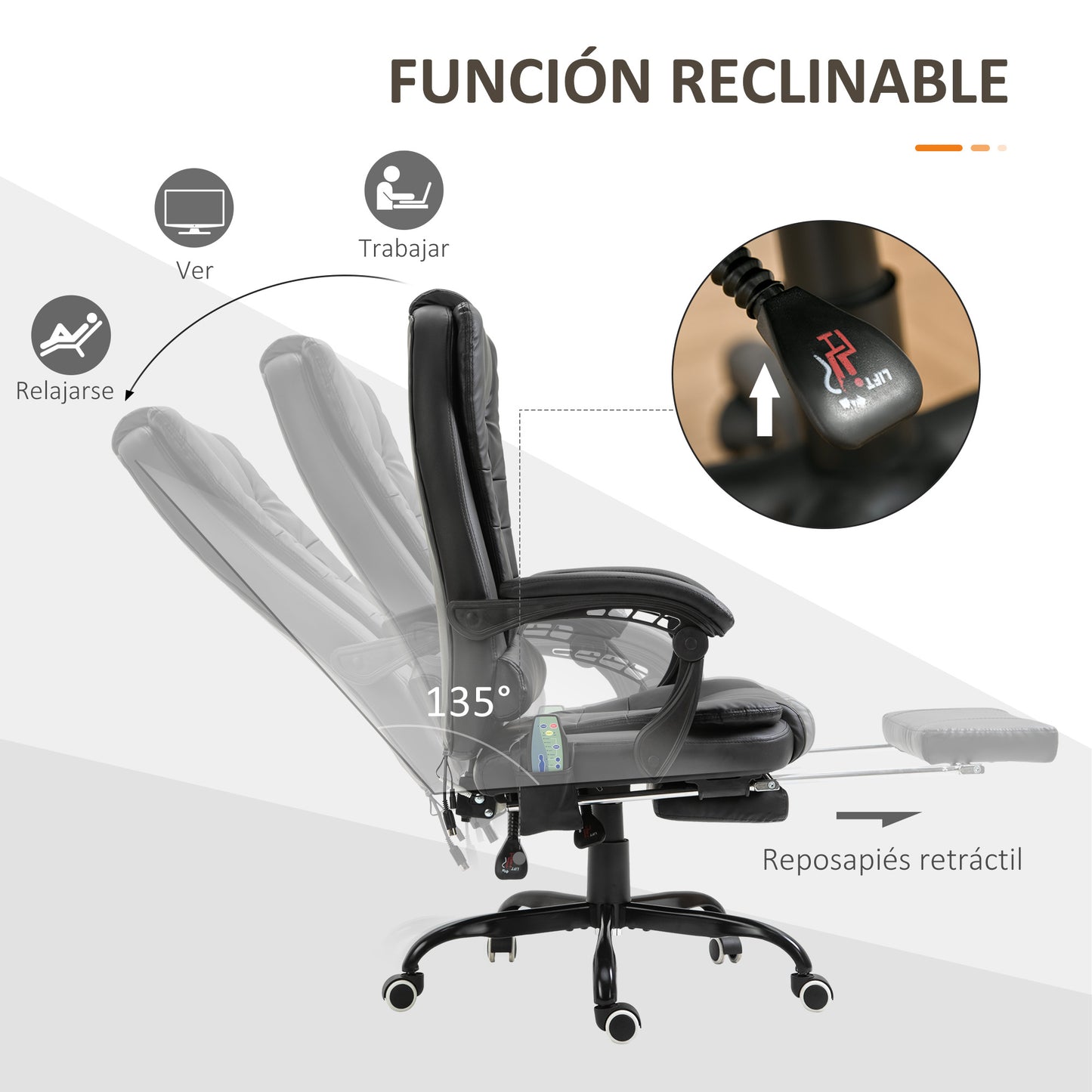 Vinsetto Silla de Oficina con 7 Puntos de Masaje Silla de Masaje Giratoria Silla de Escritorio con Reposapiés Retráctil Altura Ajustable Control Remoto y Tejido de PU Negro