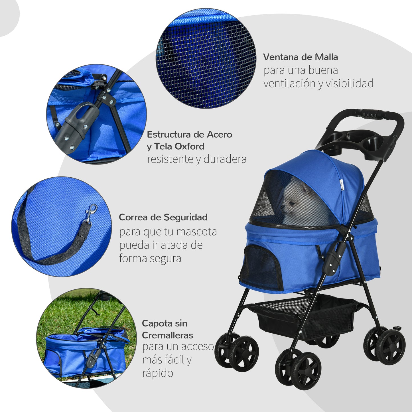 PawHut Cochecito para Perros Plegable Carrito para Perros Pequeños con Ruedas Universales Cesta de Almacenaje Correas de Seguridad y Ventanas 67x45x96 cm Azul