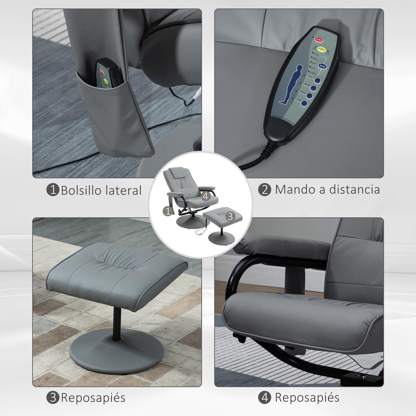 HOMCOM Sillón Relax Reclinable con Reposapiés Sillón de Masaje Eléctrico con 10 Puntos de Masaje Sillón Relax Giratorio con Mando a Distancia para Salón Oficina Gris