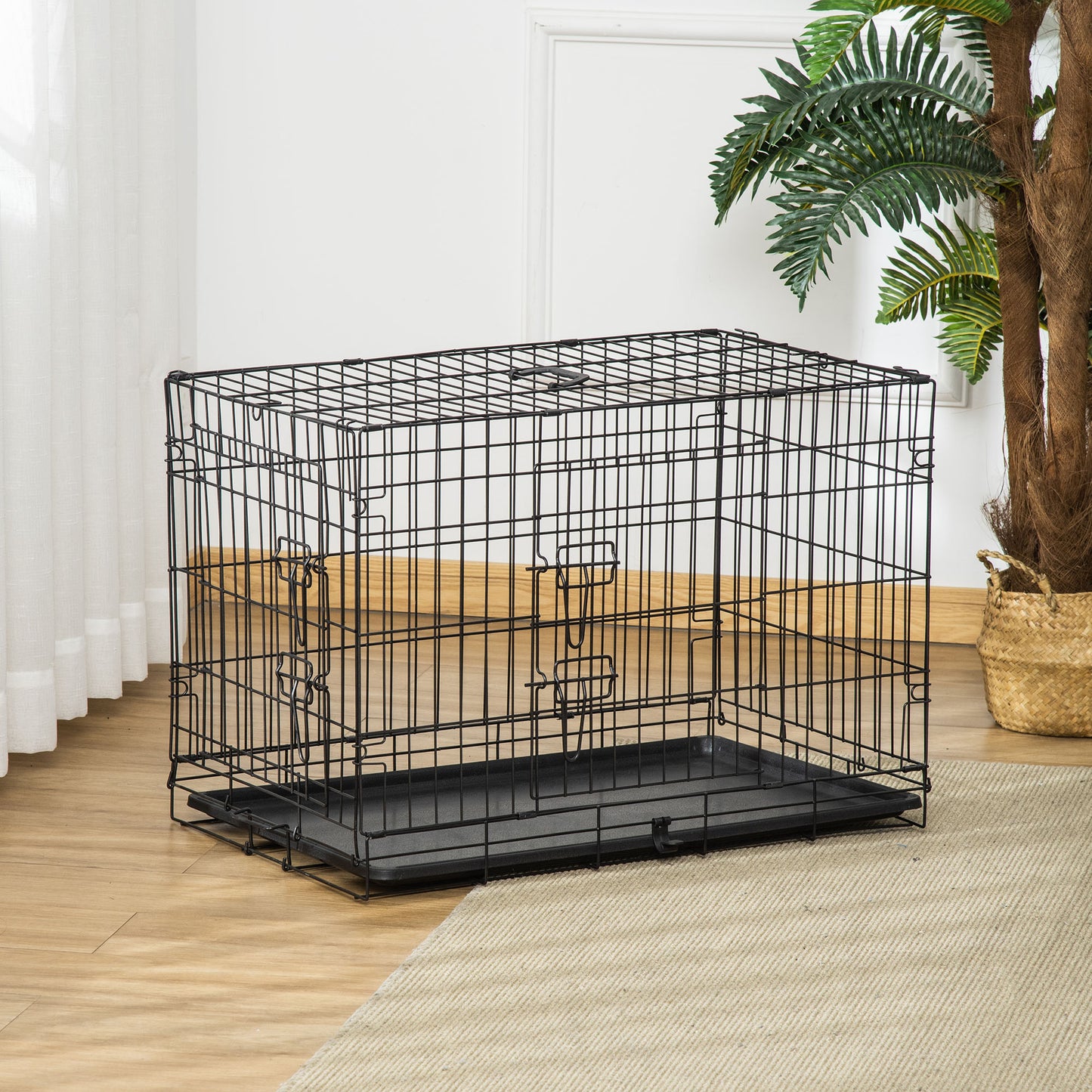 PawHut Jaula para Perros Plegable Transportín para Perros con 2 Puertas Bandeja Extraíble y Asa de Transporte 76x46x52 cm Negro