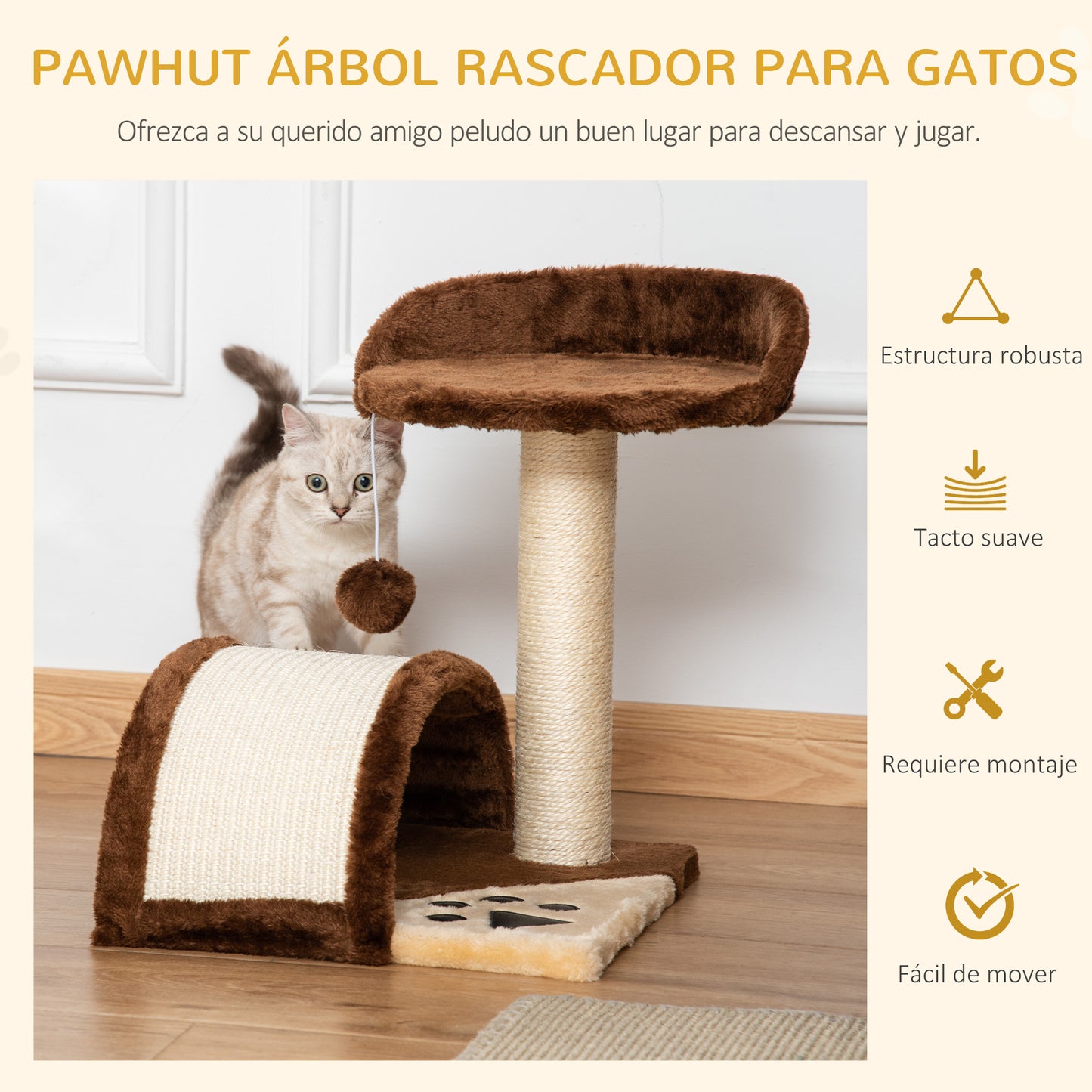 PawHut Árbol Rascador para Gatos Pequeños Altura 46 cm de 2 Niveles Árbol para Gatos con Poste Tablero para Rascar Plataformas y Juguete de Bola Colgante 35,5x37x46 cm Marrón