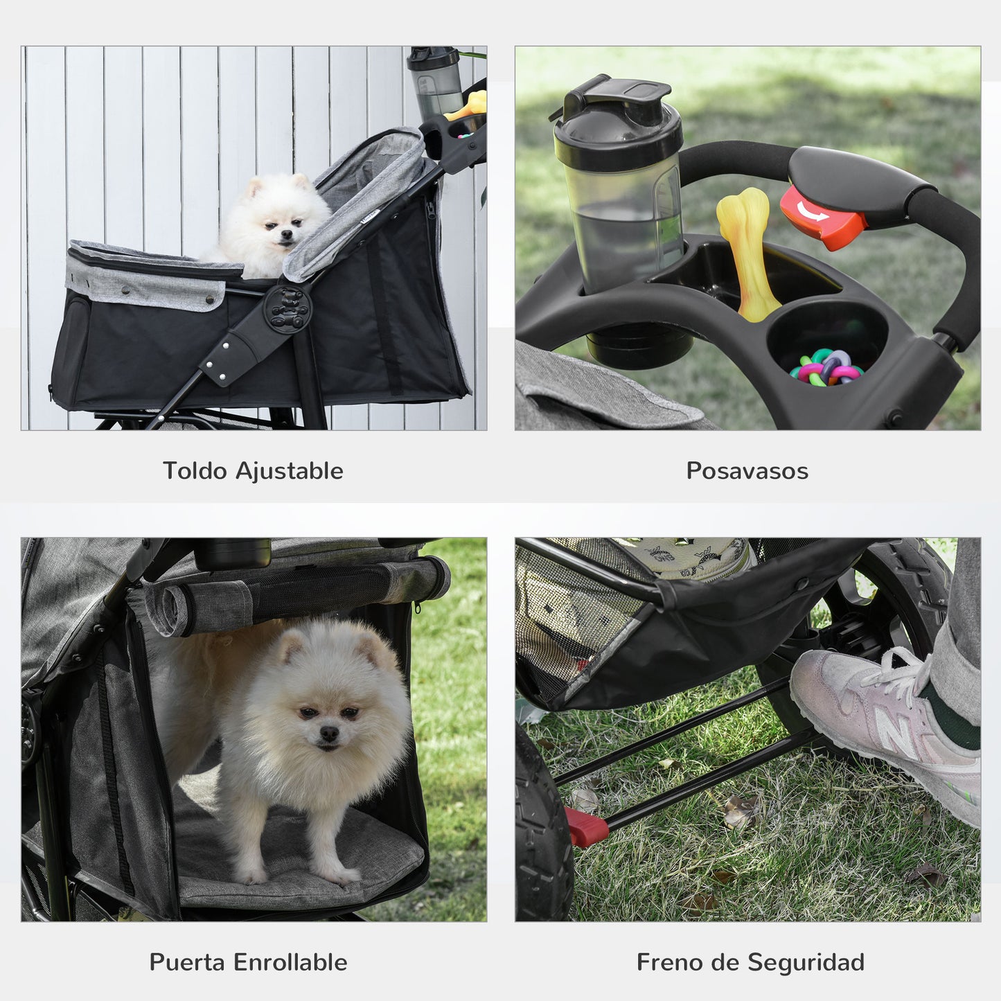 PawHut Carrito para Perros Plegable Cochecito para Mascotas Carrito para Perros Pequeños con 3 Ruedas Ventanas de Malla Cesta de Almacenaje y Correas de Seguridad 109,5x57,5x106,5 cm Gris