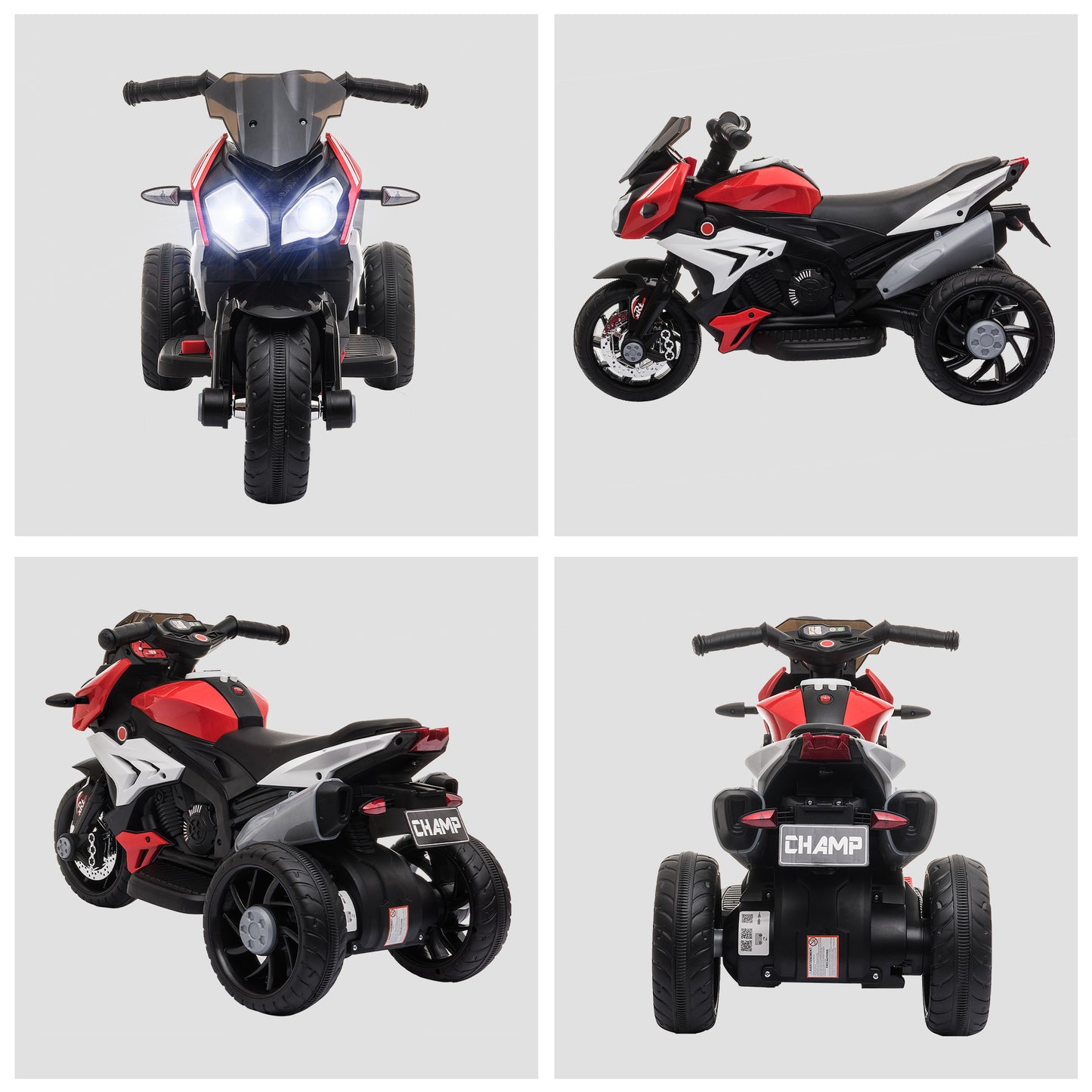 HOMCOM Moto Eléctrica Infantil con 3 Ruedas Trimoto para Niños de +3 Años con Batería 6V Recargable Funciones de Música Bocina Faros 86x42x52 cm Negro y Rojo