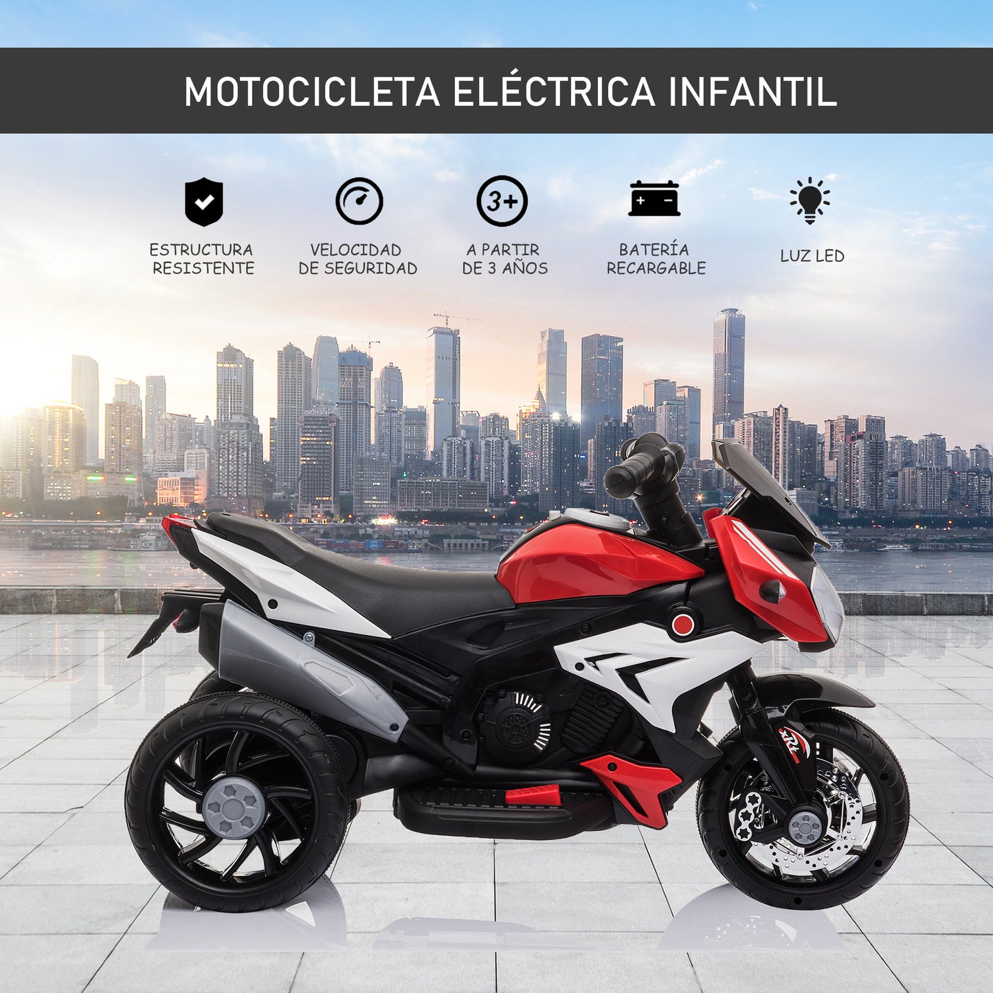 HOMCOM Moto Eléctrica Infantil con 3 Ruedas Trimoto para Niños de +3 Años con Batería 6V Recargable Funciones de Música Bocina Faros 86x42x52 cm Negro y Rojo