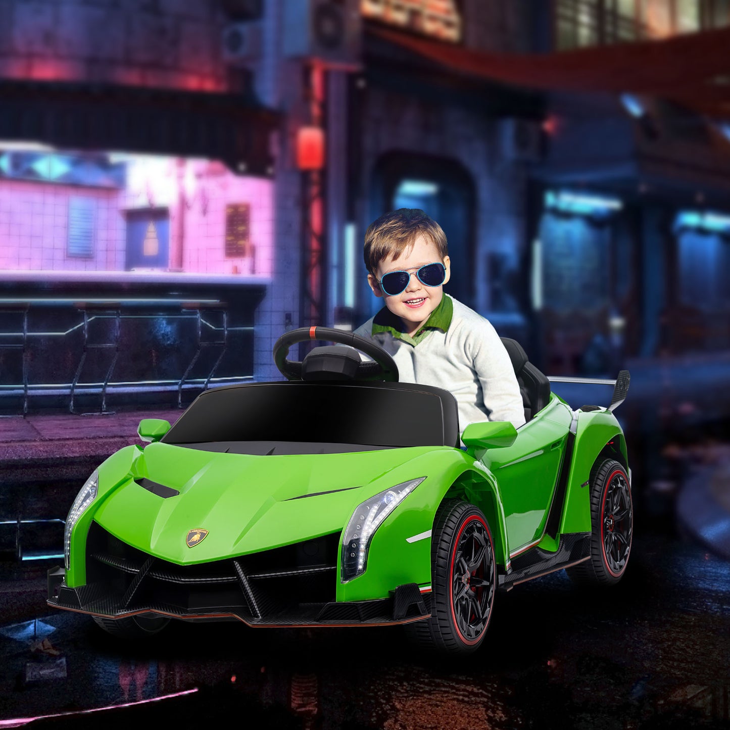 HOMCOM Coche Eléctrico Lamborghini para Niños de 3 a 6 Años Coche de Batería 12V Velocidad Max.7 km/h Puerta de Tijera con Control Remoto MP3 Luces y Cinturón de Seguridad 111x61x45 cm Verde