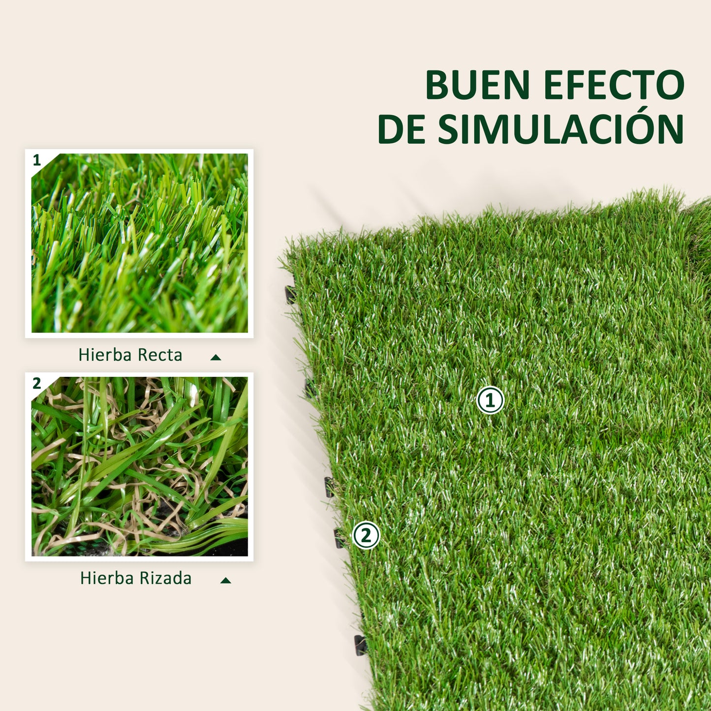 Outsunny Césped Artificial 30x30 cm 10 Piezas con Altura de Hierba 25mm Alta Densidad de 6500 Tipo Alfombra o Estera de Hierba Sintética de Exterior para Jardín y Terraza Verde