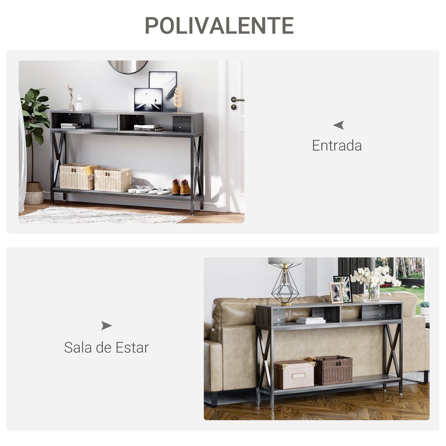 HOMCOM Mesa Consola Mueble para Recibidor con 2 Compartimientos y Estante Consola para Recibidor Entrada Pasillo 120x23,5x75 cm Gris y Negro