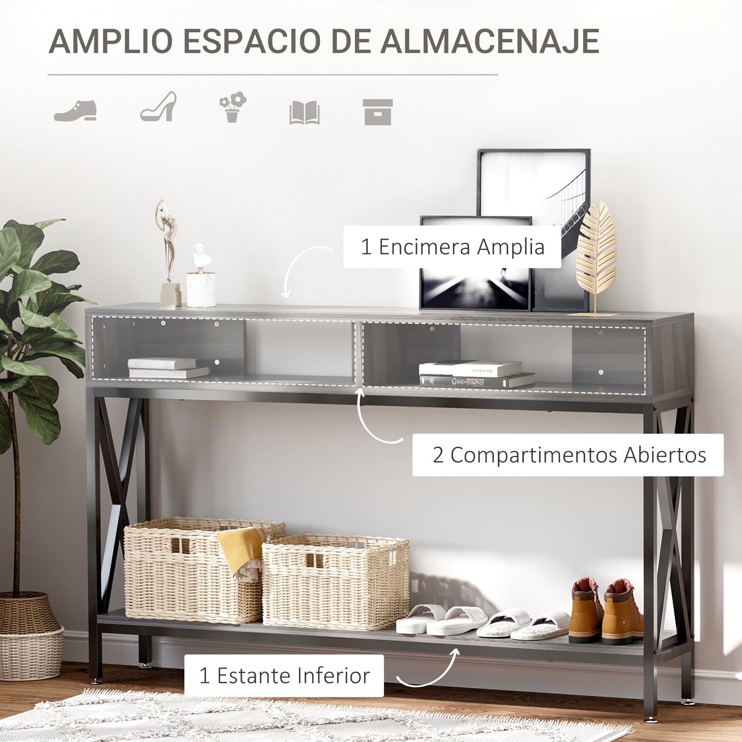 HOMCOM Mesa Consola Mueble para Recibidor con 2 Compartimientos y Estante Consola para Recibidor Entrada Pasillo 120x23,5x75 cm Gris y Negro