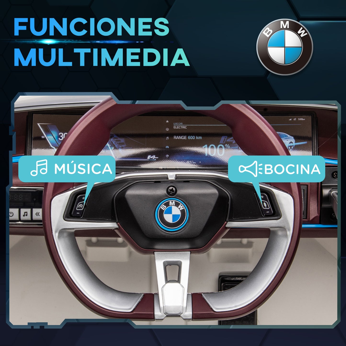 HOMCOM Coche Eléctrico para Niños 37-72 Meses Autorización BMW I4 Coche de Batería 12V con Control Remoto Música MP3 Pantalla Luces y Cinturón de Seguridad 115x67x45 cm Blanco