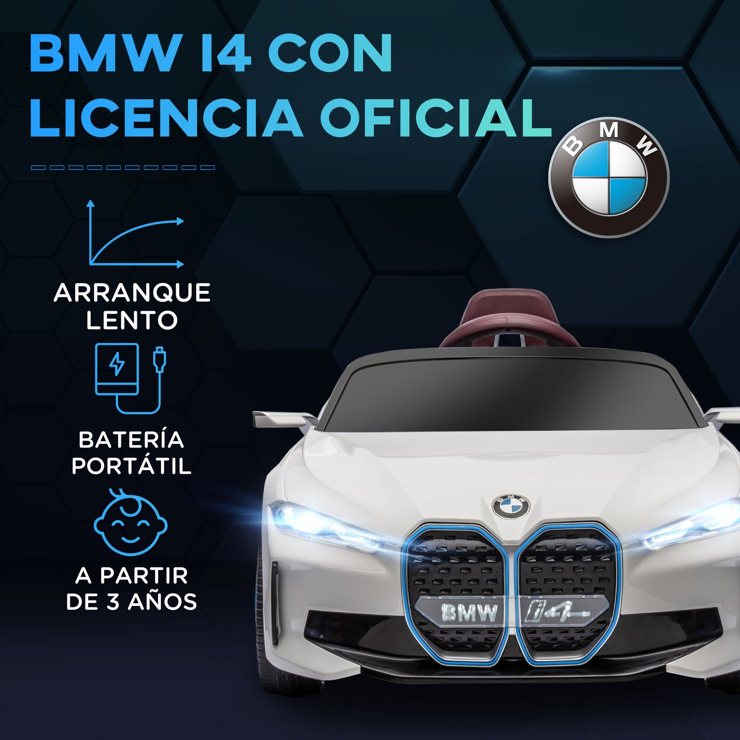 HOMCOM Coche Eléctrico para Niños 37-72 Meses Autorización BMW I4 Coche de Batería 12V con Control Remoto Música MP3 Pantalla Luces y Cinturón de Seguridad 115x67x45 cm Blanco