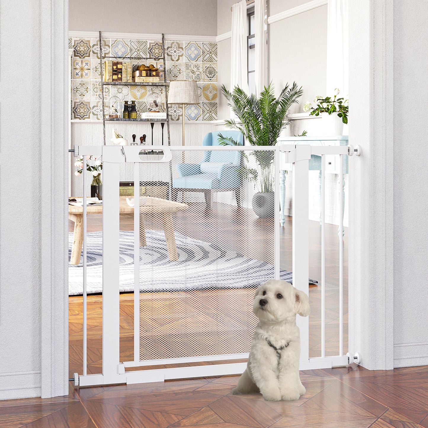 PawHut Barrera de Seguridad para Perros Extensible 75-103 cm Barrera para Escalera Puerta con 2 Extensiones Doble Bloqueo Cierre Automático Blanco