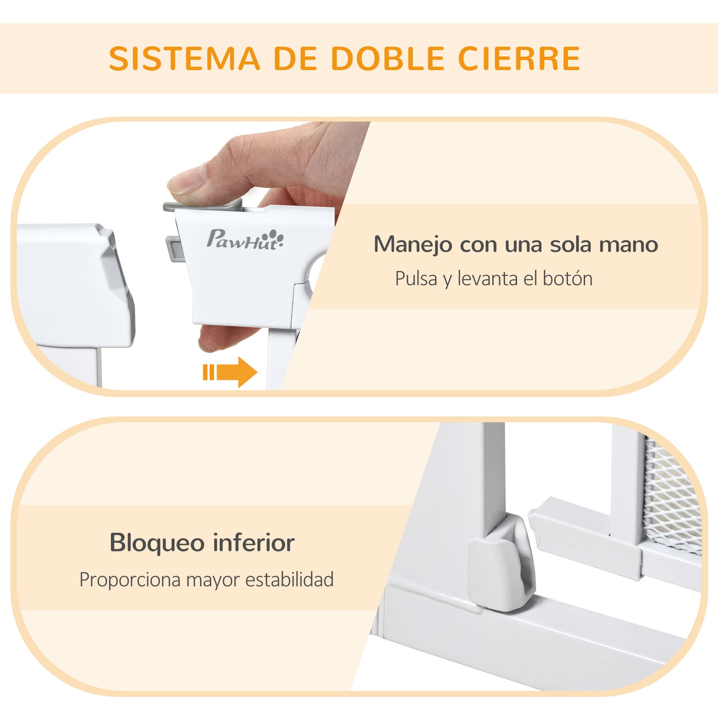 PawHut Barrera de Seguridad para Perros Extensible 75-103 cm Barrera para Escalera Puerta con 2 Extensiones Doble Bloqueo Cierre Automático Blanco