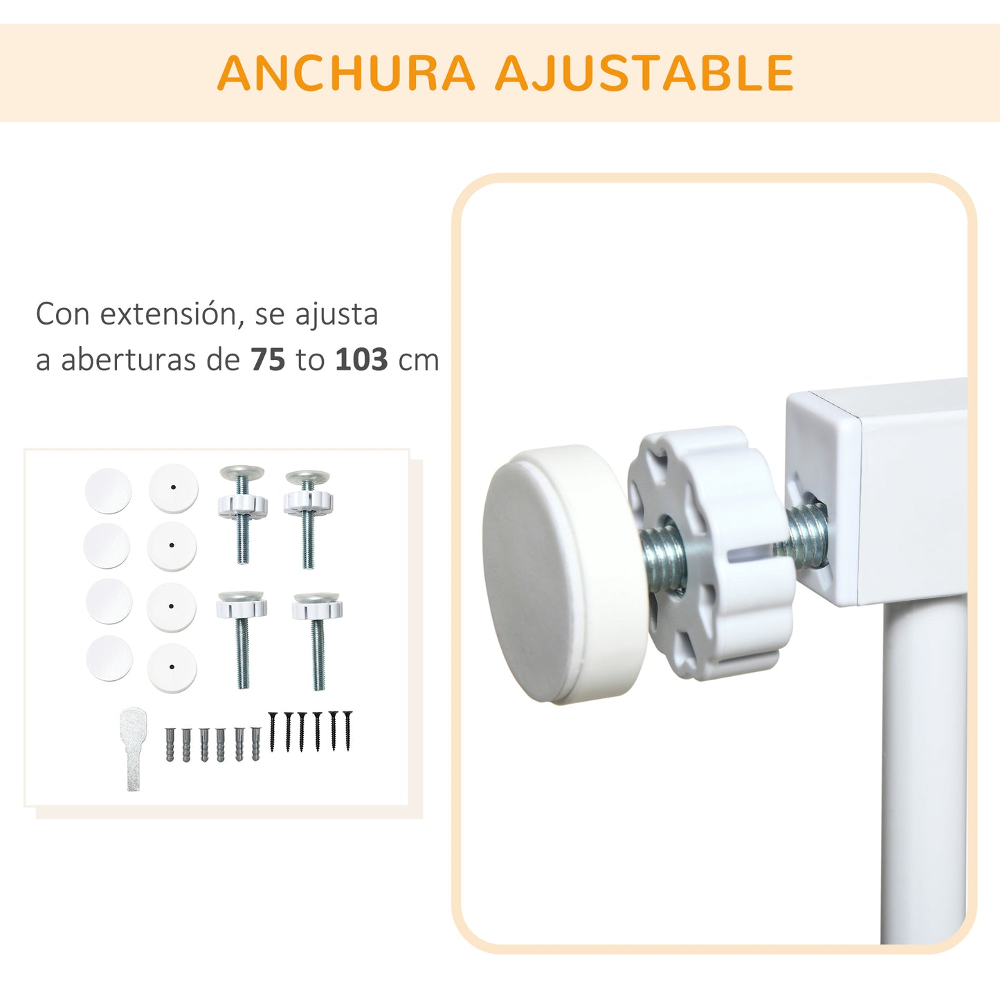 PawHut Barrera de Seguridad para Perros Extensible 75-103 cm Barrera para Escalera Puerta con 2 Extensiones Doble Bloqueo Cierre Automático Blanco