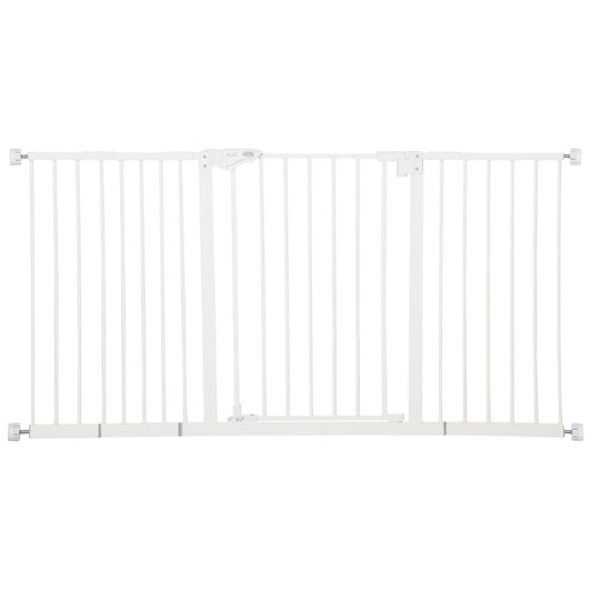 PawHut Barrera de Seguridad Extensible para Puertas y Escaleras Barrera para Perros con Cierre Automático y Sistema de Doble Bloqueo Metal 74-147,5x76,2 cm Blanco