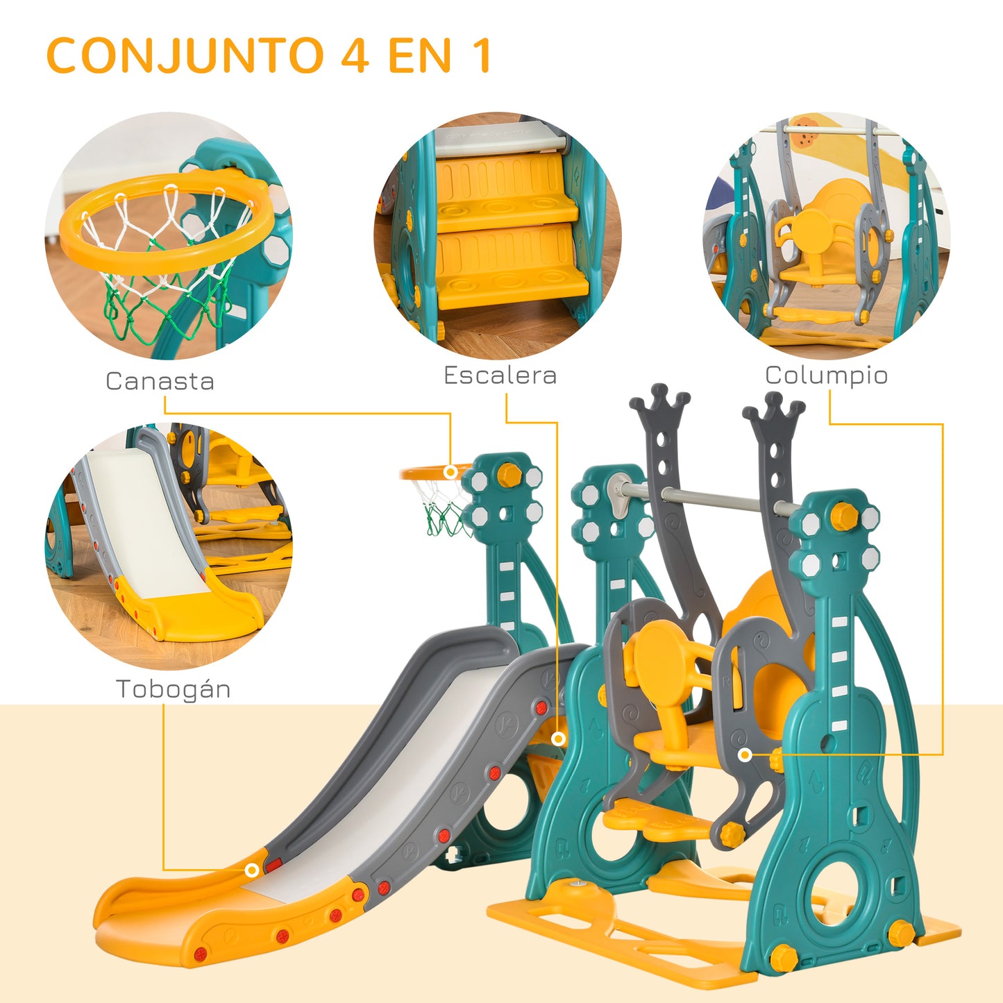 HOMCOM Tobogán Infantil con Columpio y Canasta de Baloncesto 3 en 1 para 18-36 Meses con Asiento Ajustable Parque Infantil para Interior y Exterior 152x149x107 cm Multicolor