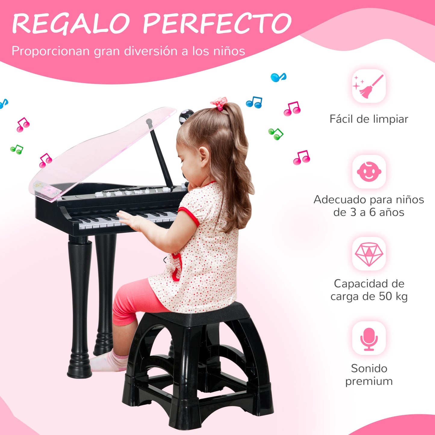 AIYAPLAY Piano Electrónico Infantil de 32 Teclas Juego de Piano con Micrófono Taburete Luces 22 Canciones 4 Sonidos Patas Desmontables y Volumen Ajustable 37x30,5x60,4 cm Negro